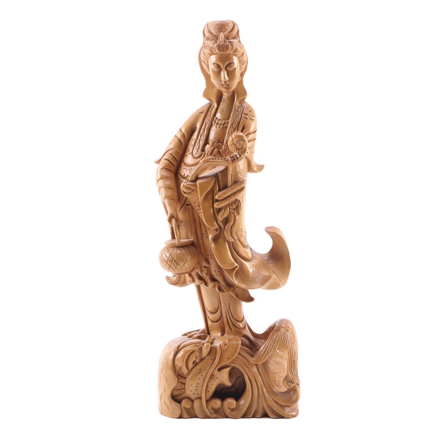 Chinese Wooden Guan-Yin Goddess of Compassion Figure