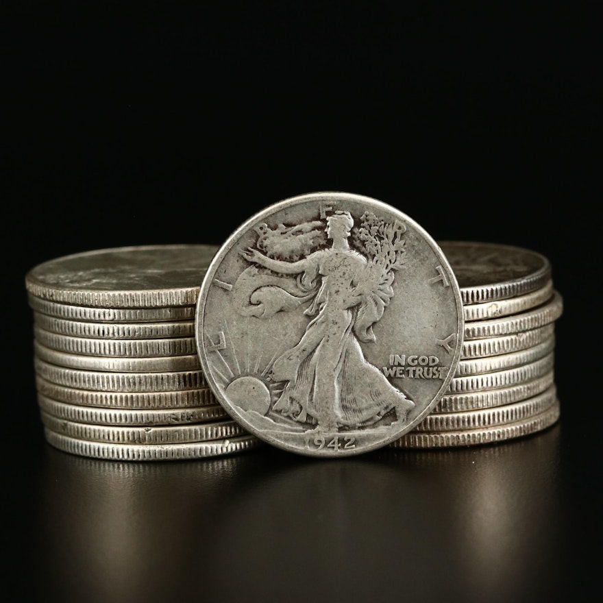 Twenty Walking Liberty Silver Half Dollars, 1941 to 1943