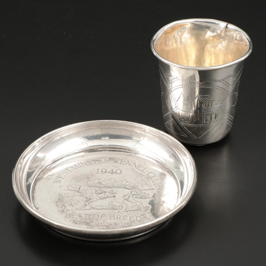 Imperial Russian 84 Zolotniki Silver Cup and Engraved Gorham Sterling Dish