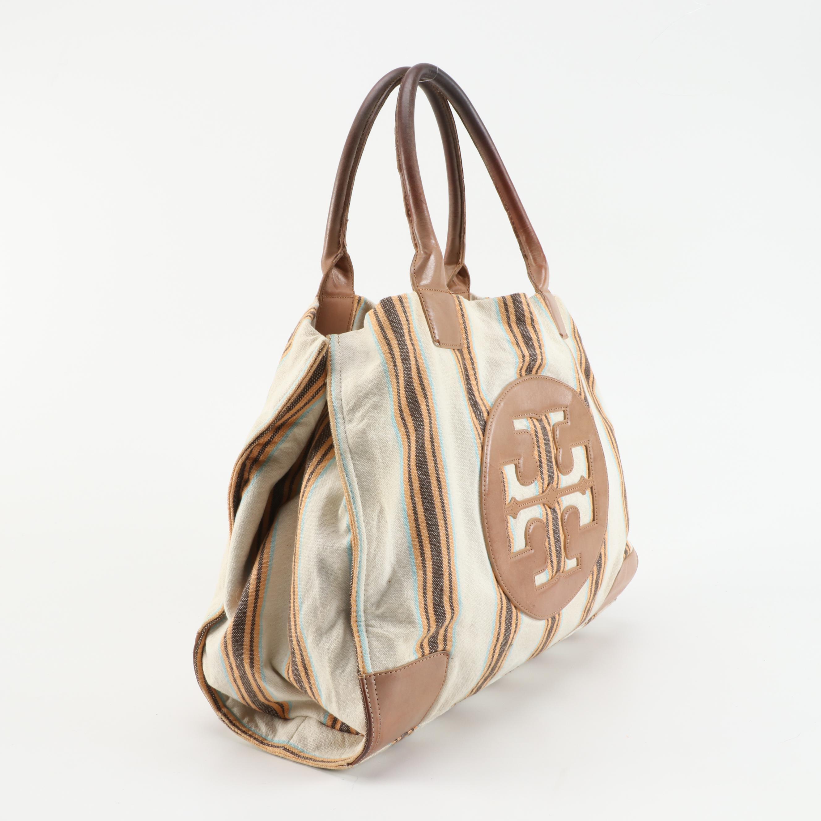Tory Burch Tote in Striped Canvas and Light Brown Leather