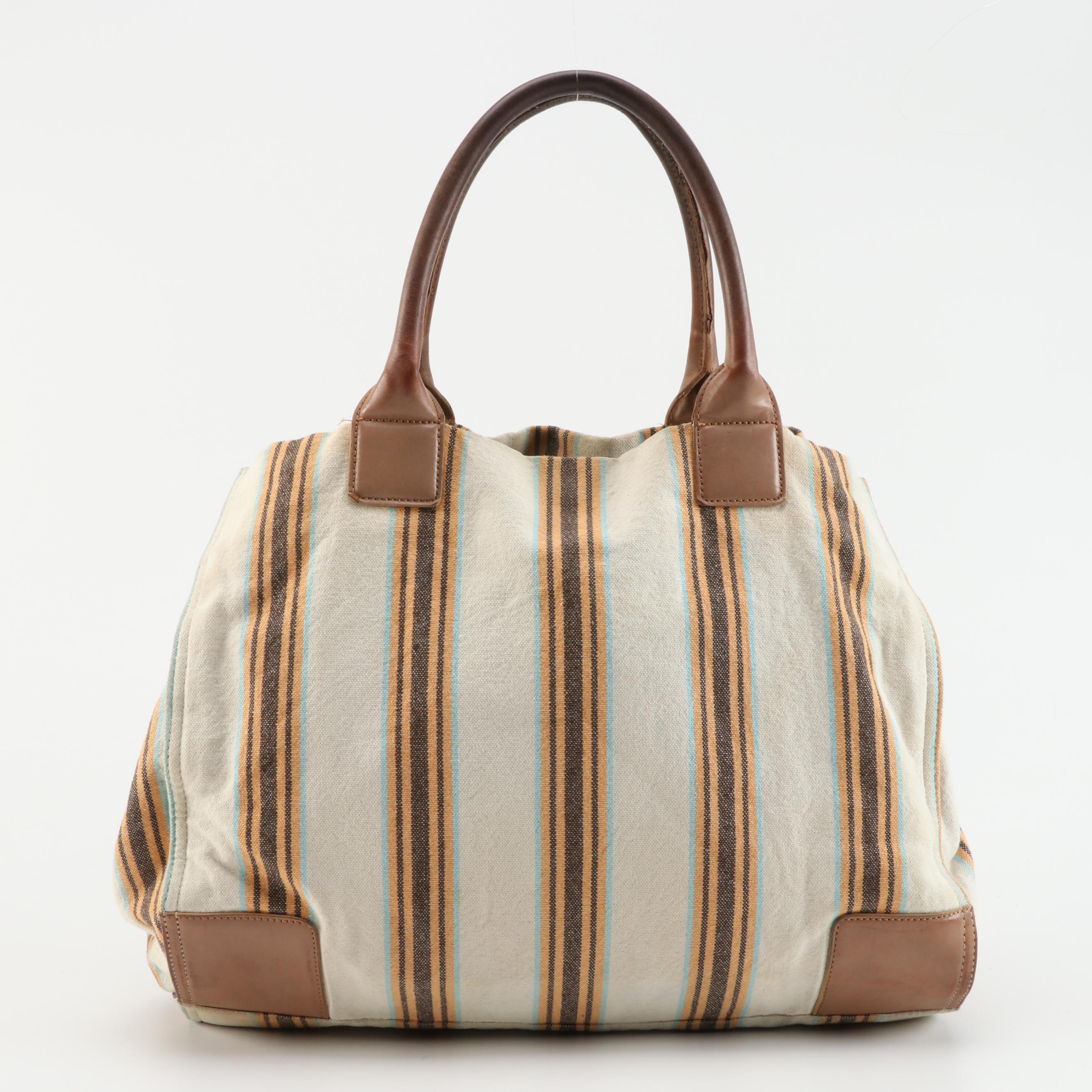 Tory Burch Tote in Striped Canvas and Light Brown Leather