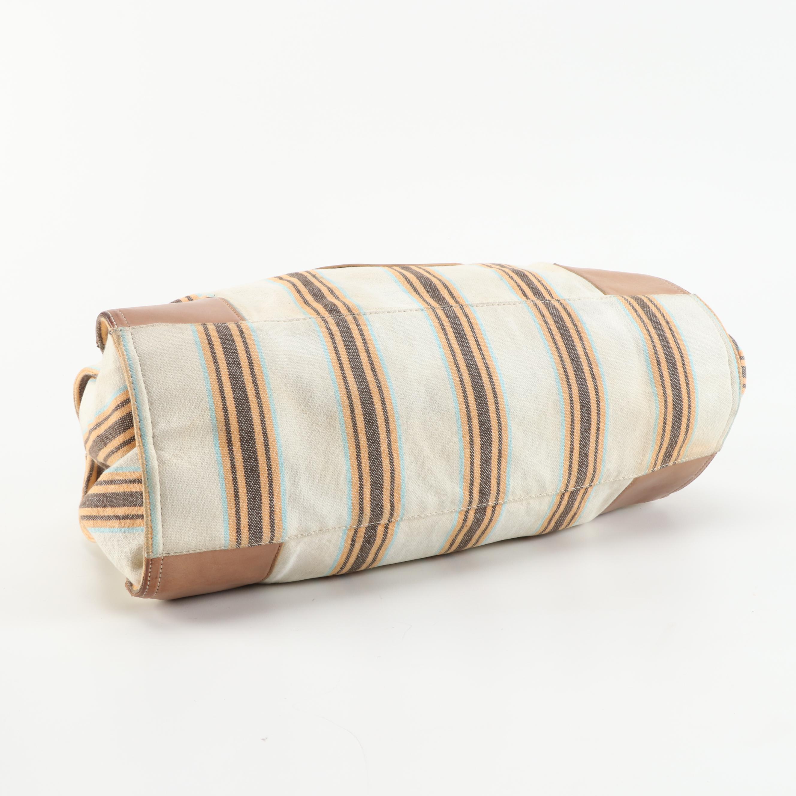 Tory Burch Tote in Striped Canvas and Light Brown Leather