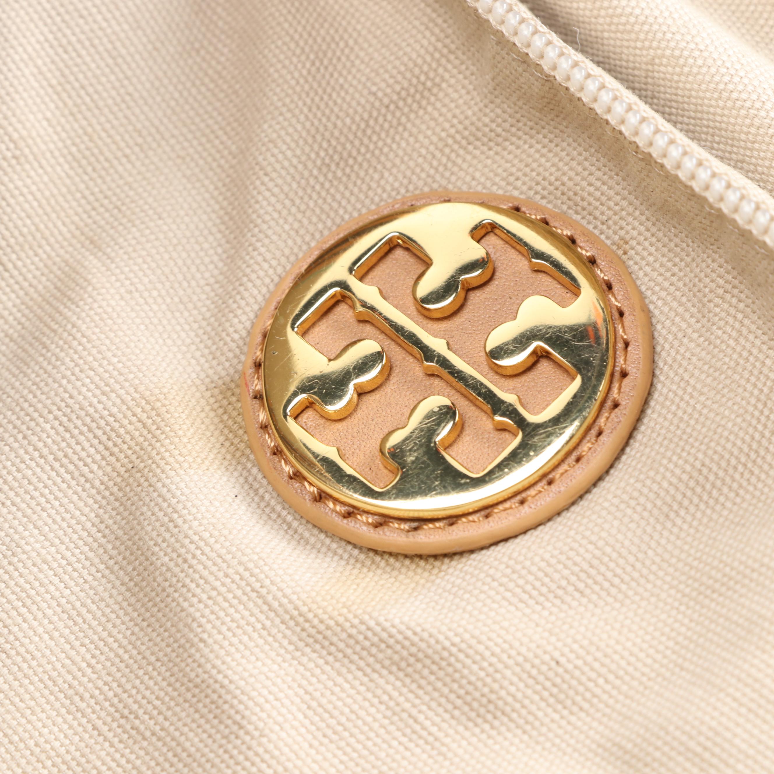 Tory Burch Tote in Striped Canvas and Light Brown Leather