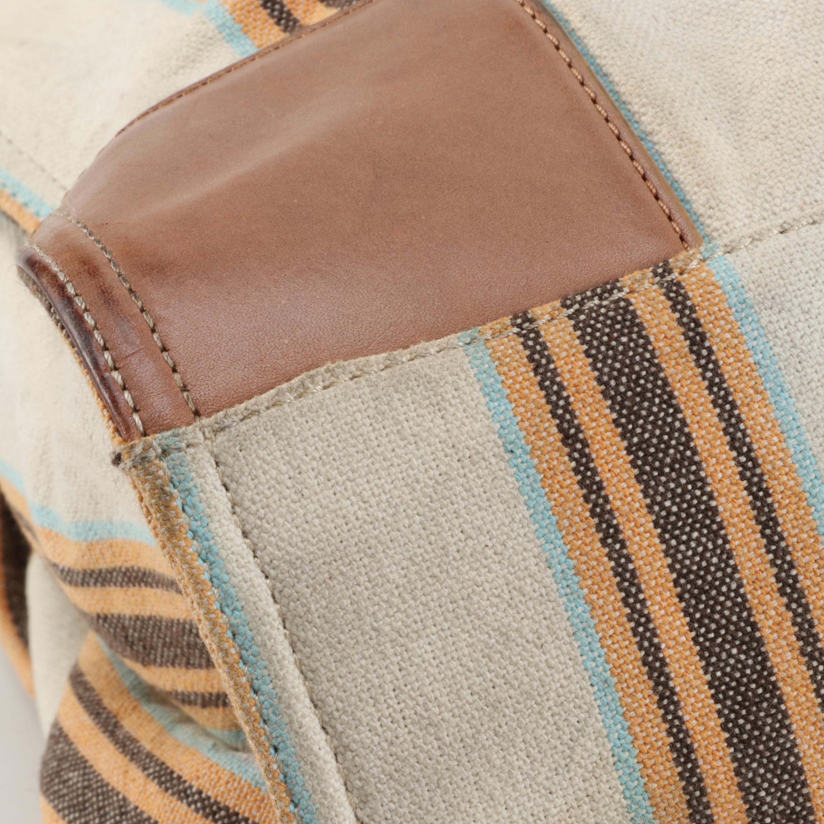 Tory Burch Tote in Striped Canvas and Light Brown Leather