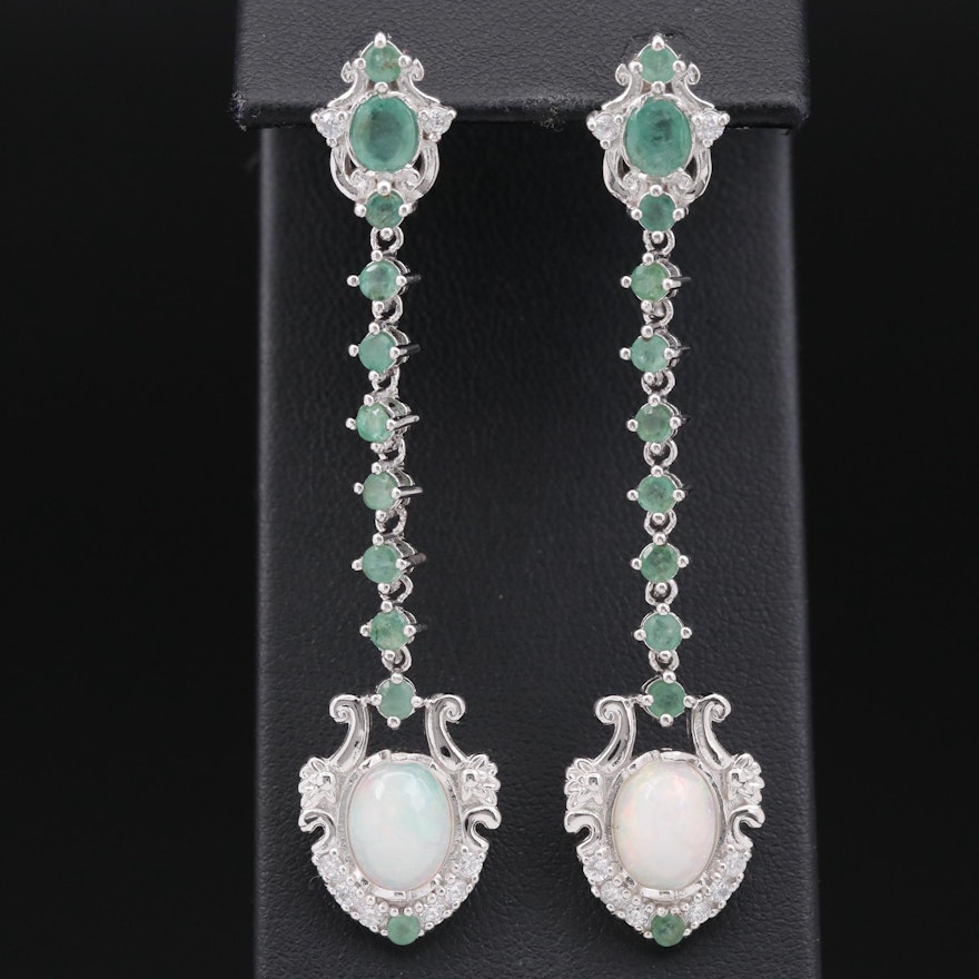 Sterling Silver Opal, Emerald and Cubic Zirconia Shield Drop Earrings