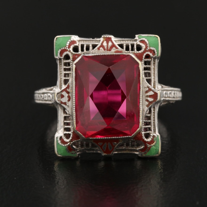 Art Deco 14K Ruby Ring with Enamel and Filigree