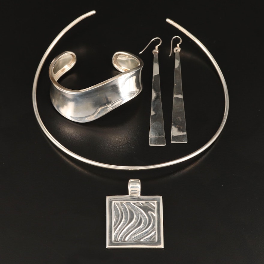 Sterling Torc Necklace, Pendant, Undulating Cuff and Dangle Earrings