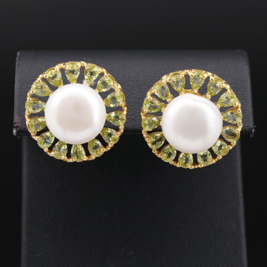 Sterling Silver Pearl and Peridot Button Earrings