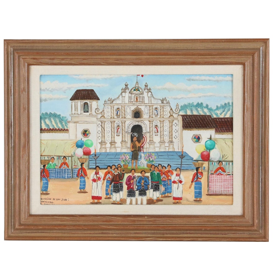 Comalapa A. Chacach Oil Painting " Procesion De San Juan", Late 20th Century