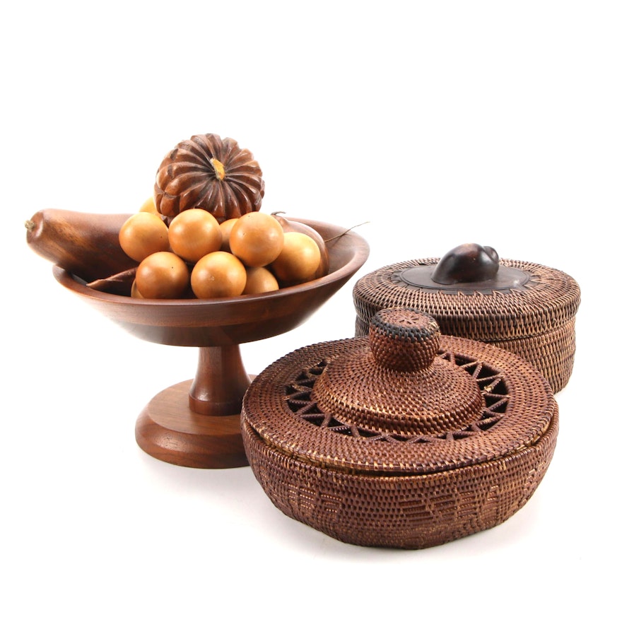 Ozark "Walnutware" Solid Walnut Pedestal Bowl, Wooden Fruit and Woven Baskets