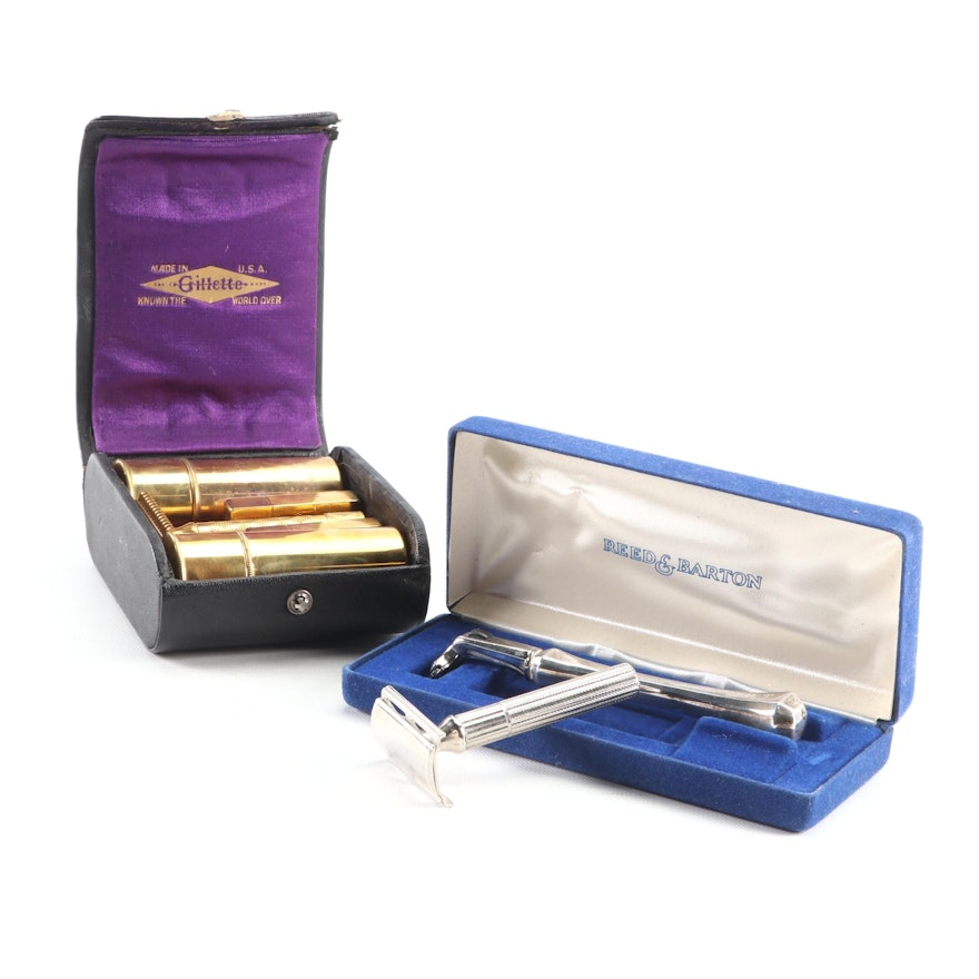 Reed & Barton Sterling Silver Razor Handle with Gillette Gold Tone Shaving Kit