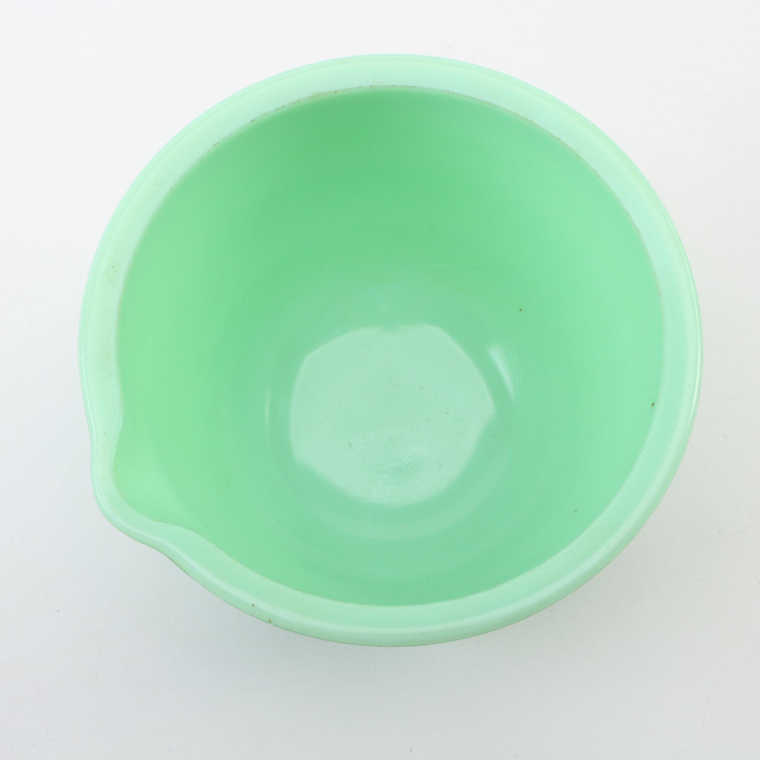 McKee Jadeite Measuring Cup and Depression Green Glass Mixing Bowls