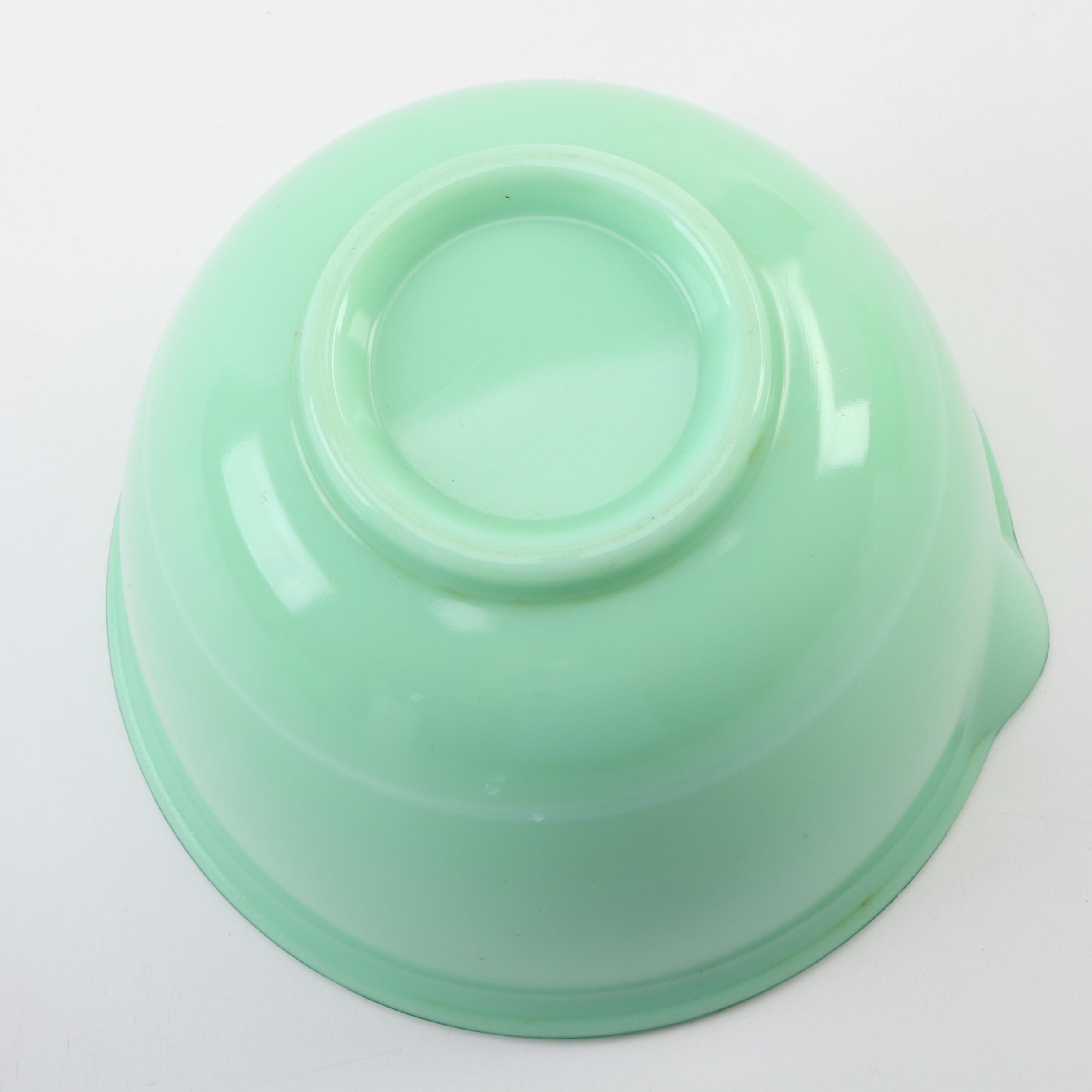 McKee Jadeite Measuring Cup and Depression Green Glass Mixing Bowls
