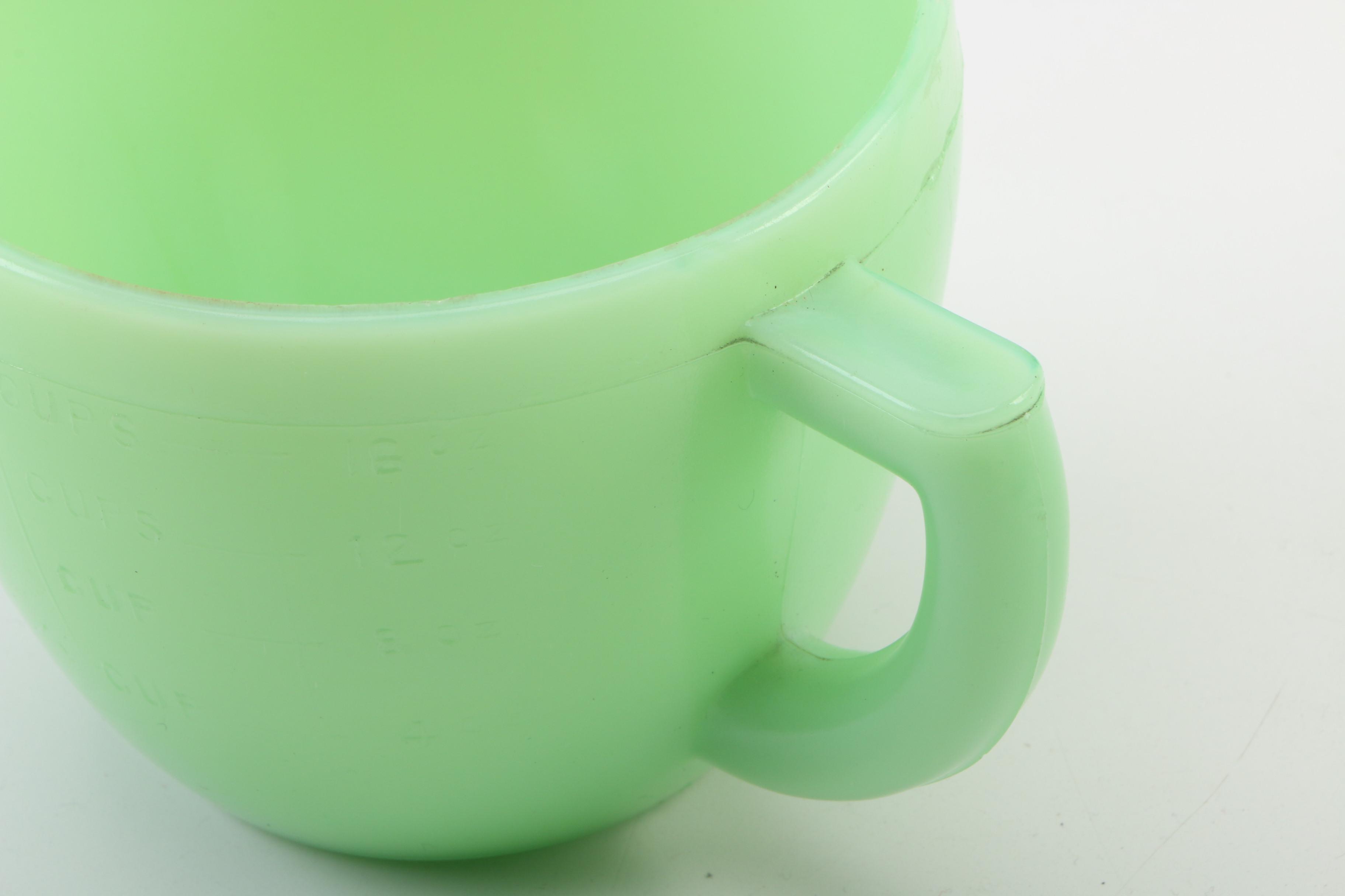 McKee Jadeite Measuring Cup and Depression Green Glass Mixing Bowls