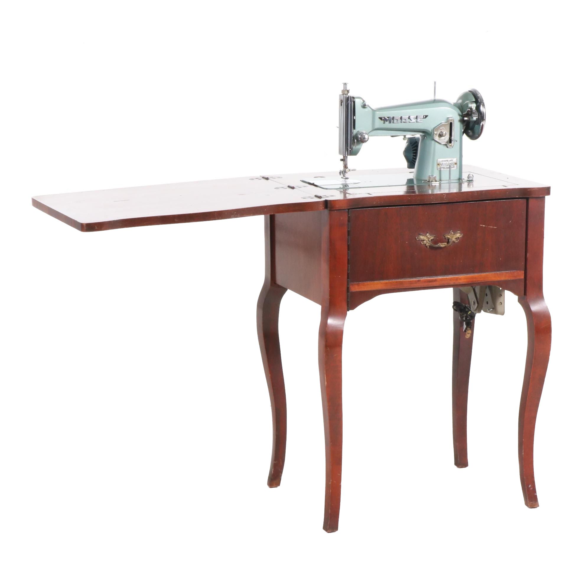 Morse Teal Metal Sewing Machine and Table, Mid-20th Century