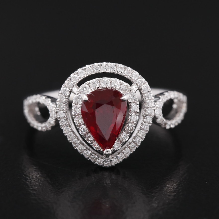 18K 1.03 CT Ruby and Diamond Double Halo Ring Ring with GIA Report