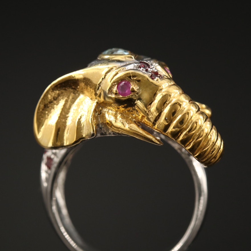 Sterling Silver Elephant Motif Ring with Garnet, Aquamarine and Ruby