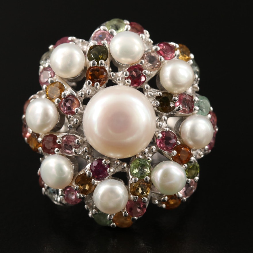 Sterling Silver Pearl and Tourmaline Pinwheel Ring