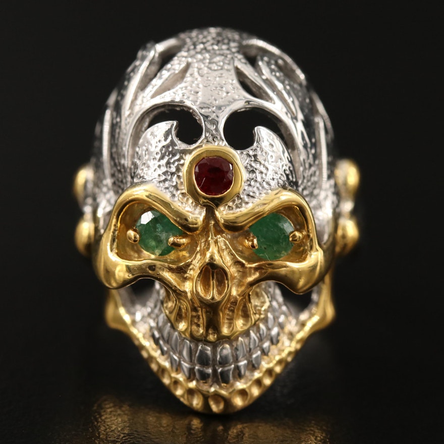 Sterling Silver Ruby and Emerald Skull Ring