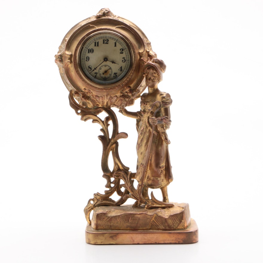 Gilt Spelter Figural Shepherdess Mantel Clock, Late 19th/Early 20th Century