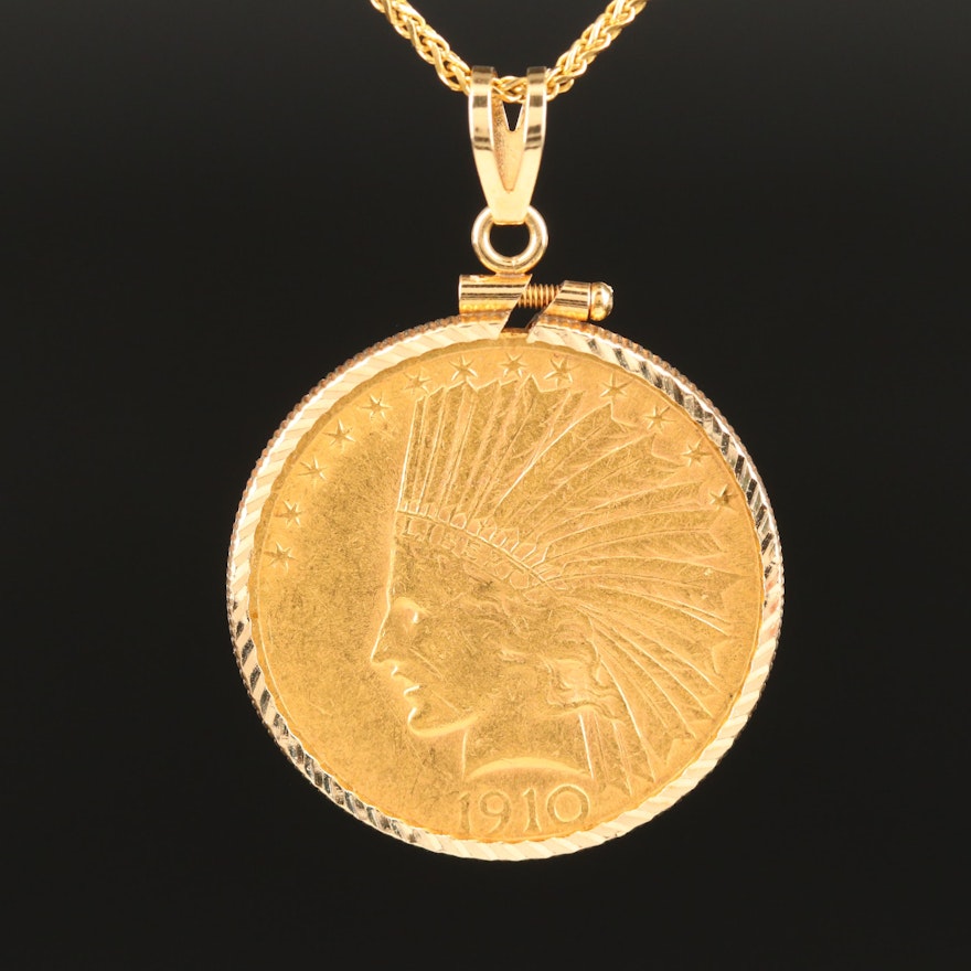 1910-S Indian Head $10 Gold Eagle Coin 14K Pendant Necklace