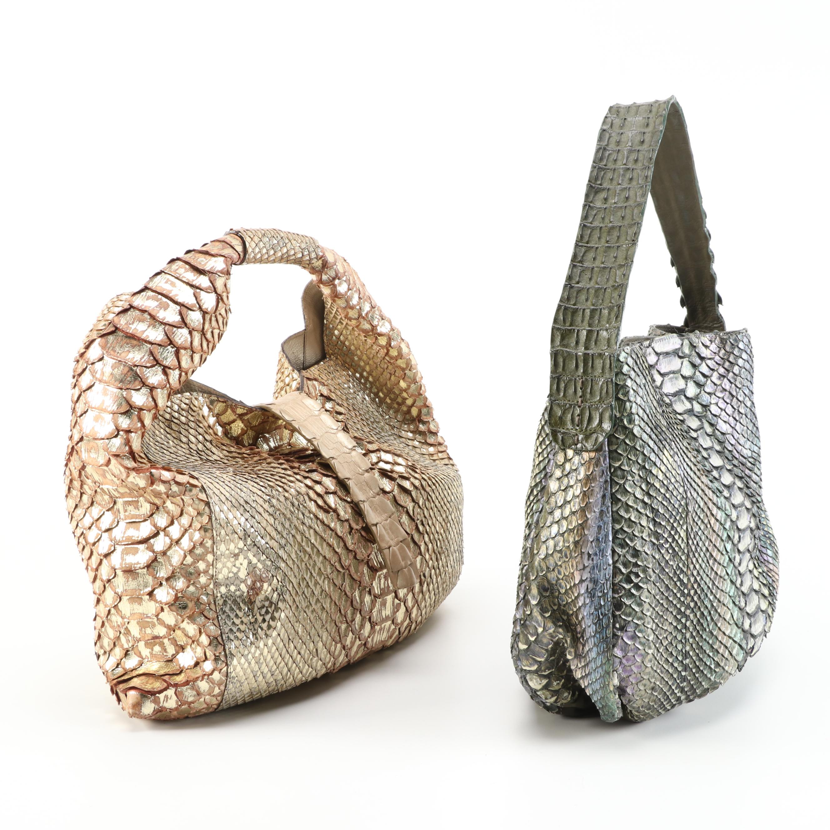 Silvano Biagini Python Skin Hobo Bags in Iridescent Green and Gold Metallic
