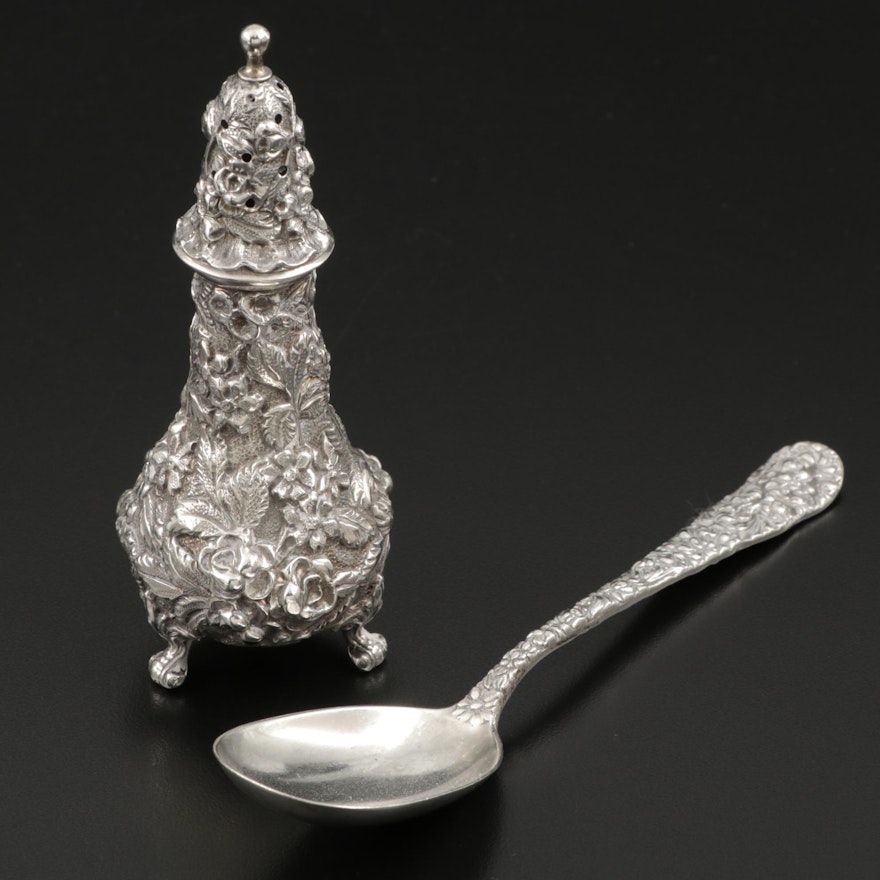 Kirk-Stieff Sterling Silver "Rose" Shaker and "Chrysanthemum" Spoon