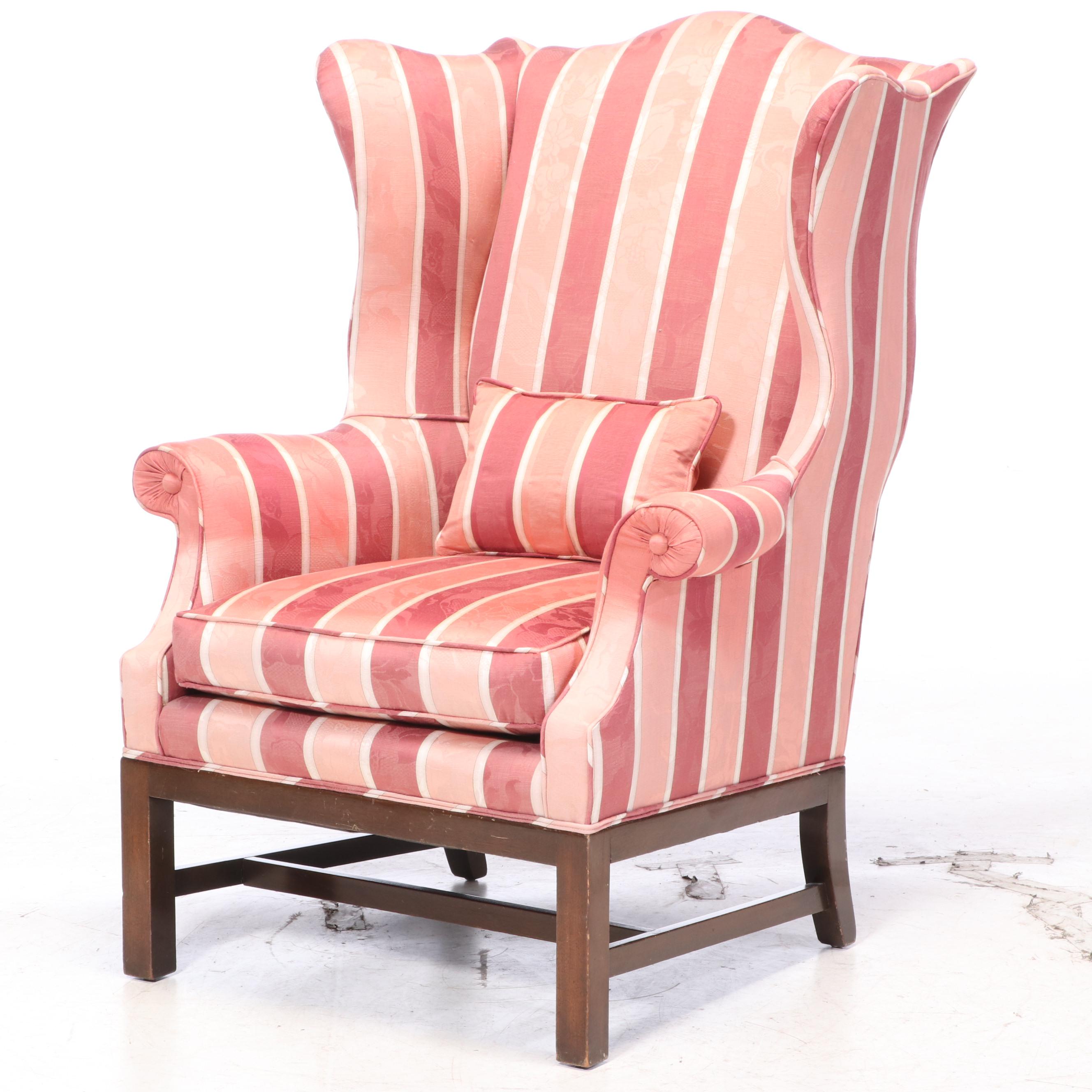 Chippendale Style Upholstered Mahogany Wingback Armchair Plus Walnut Footstool