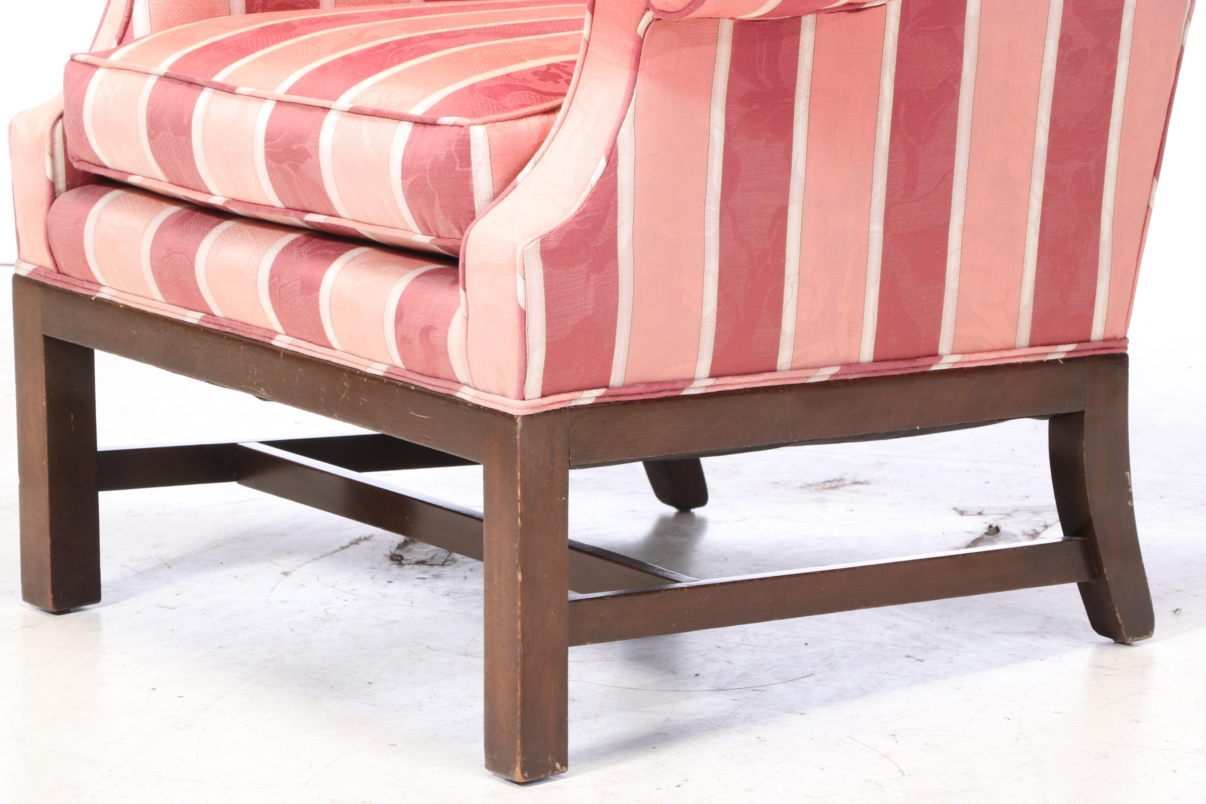 Chippendale Style Upholstered Mahogany Wingback Armchair Plus Walnut Footstool