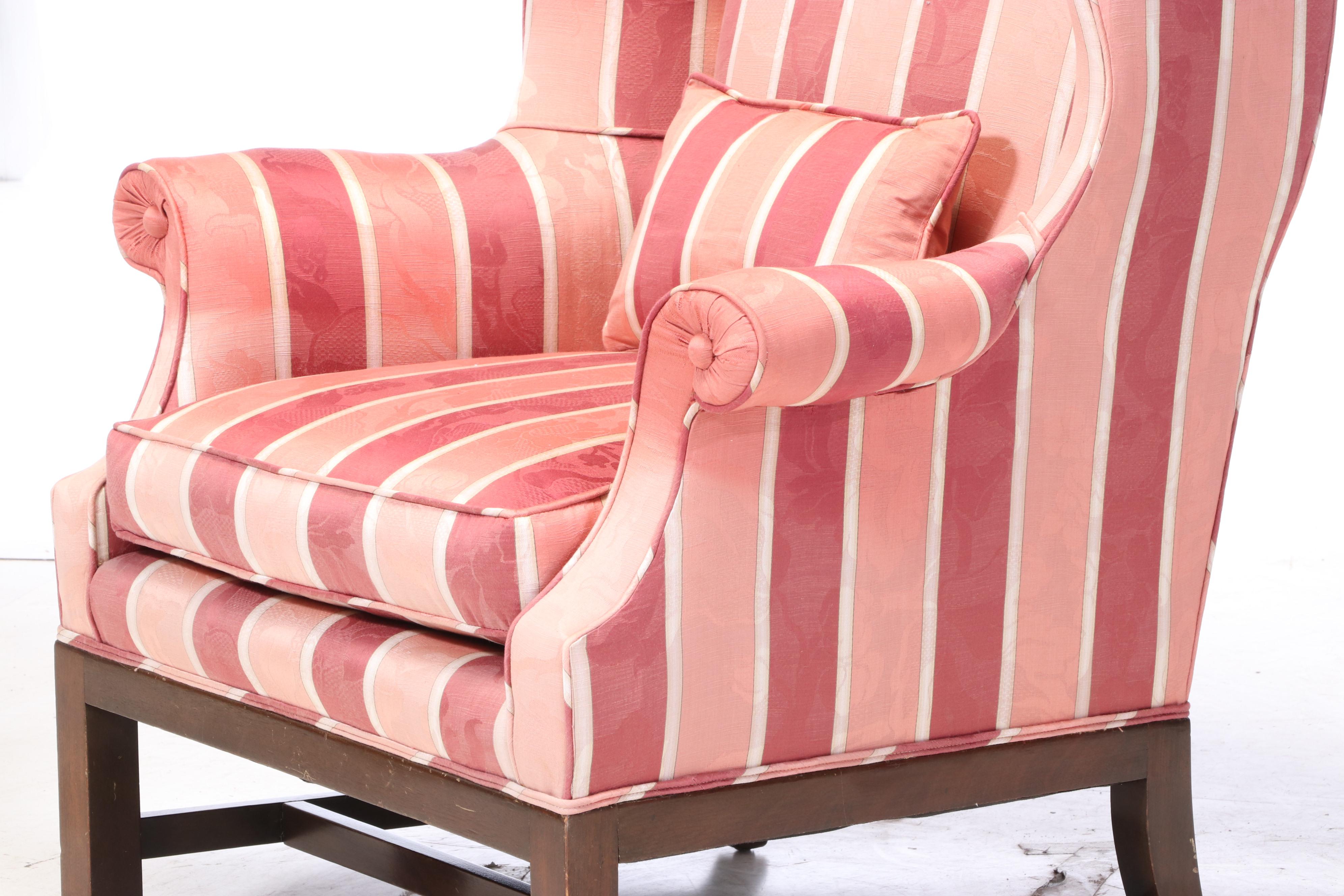 Chippendale Style Upholstered Mahogany Wingback Armchair Plus Walnut Footstool