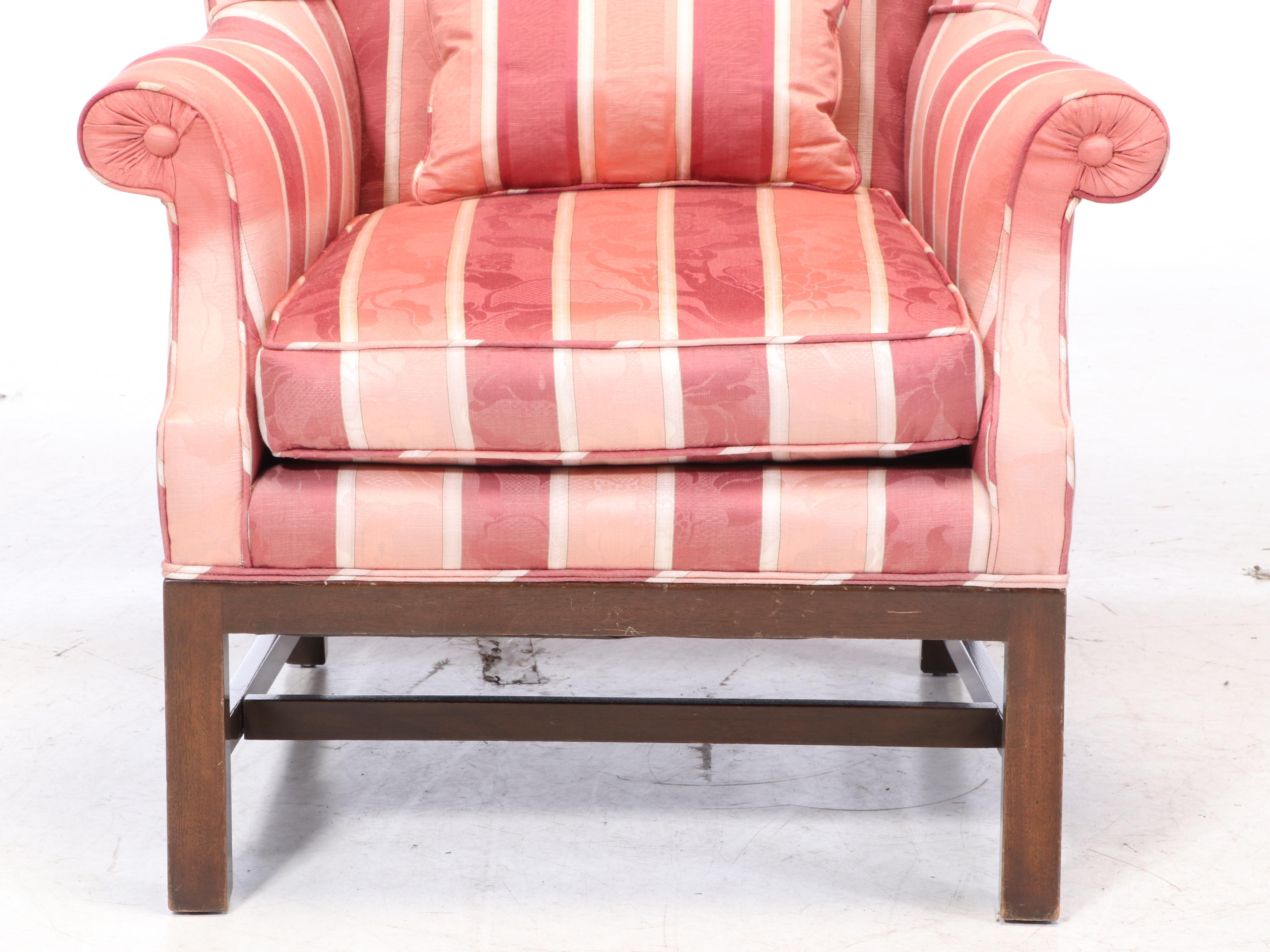 Chippendale Style Upholstered Mahogany Wingback Armchair Plus Walnut Footstool