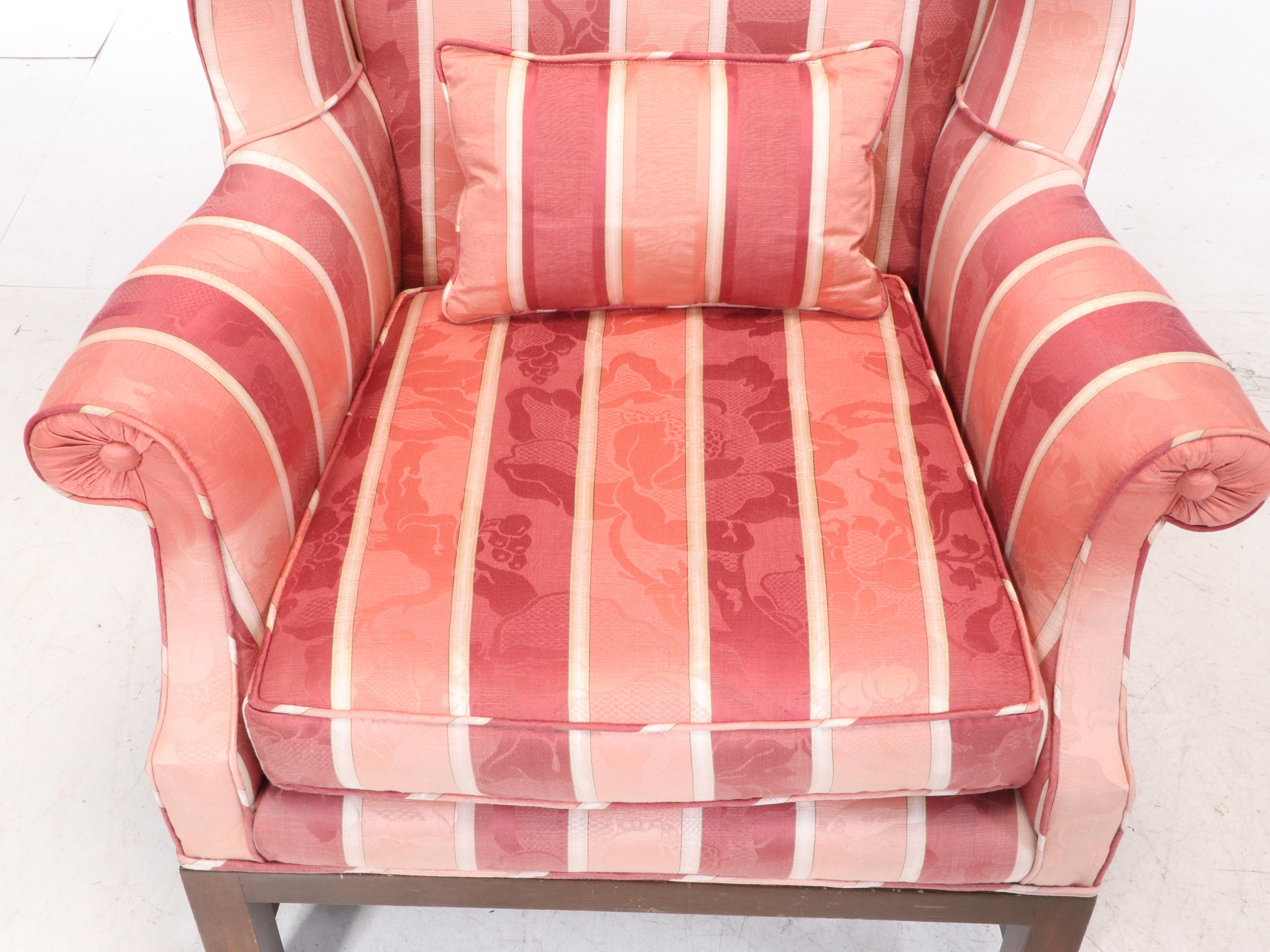 Chippendale Style Upholstered Mahogany Wingback Armchair Plus Walnut Footstool