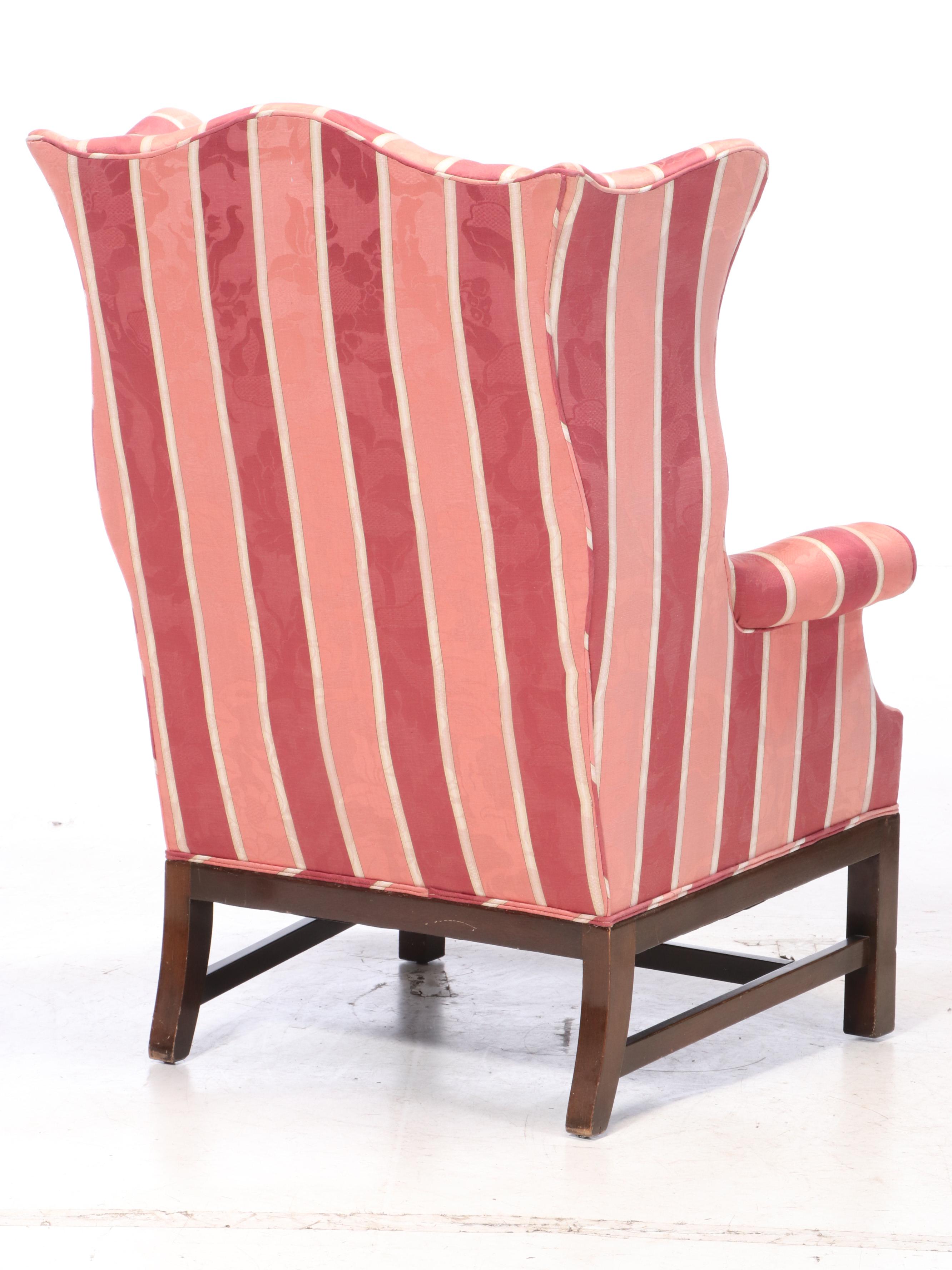 Chippendale Style Upholstered Mahogany Wingback Armchair Plus Walnut Footstool