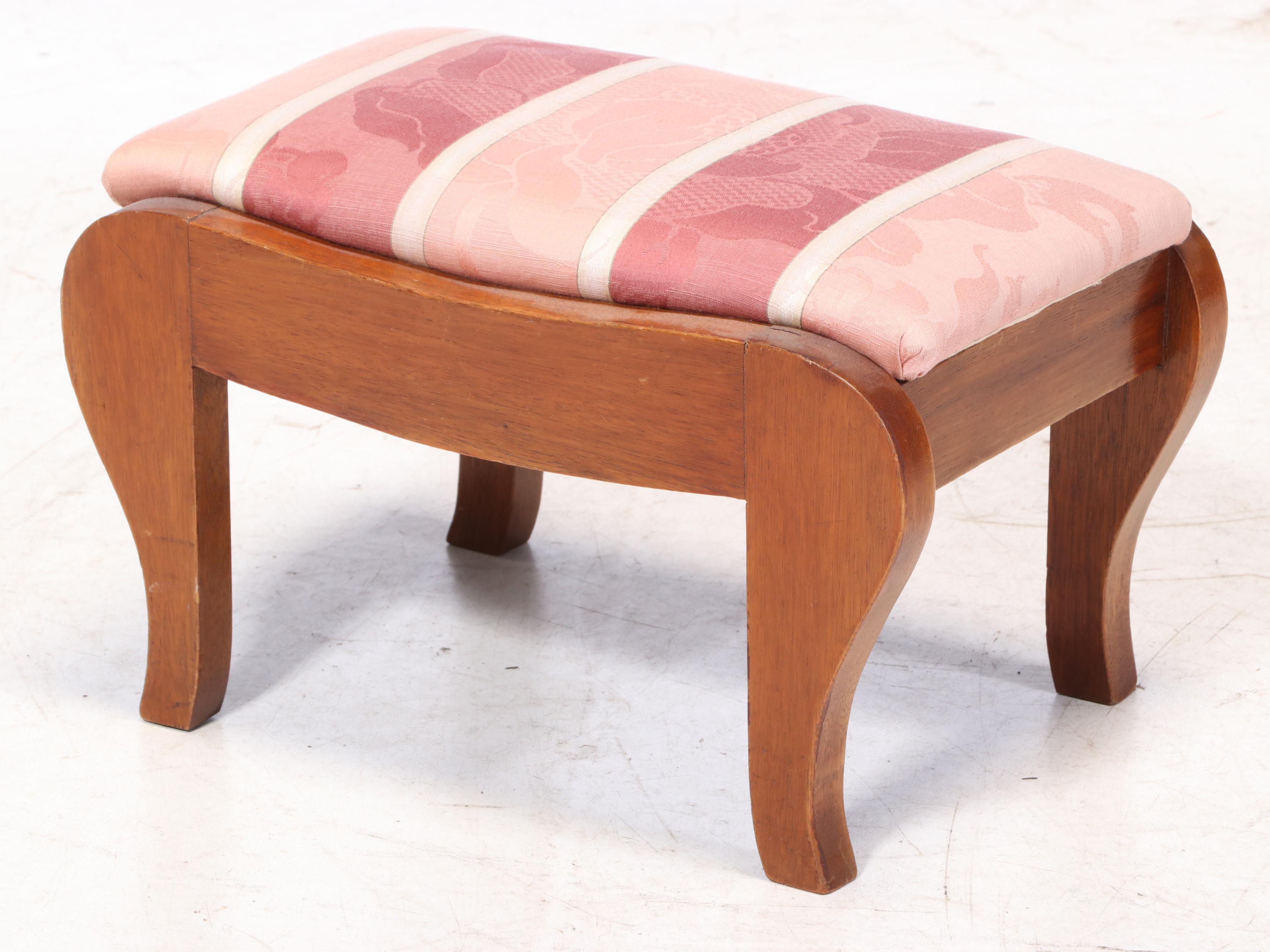 Chippendale Style Upholstered Mahogany Wingback Armchair Plus Walnut Footstool