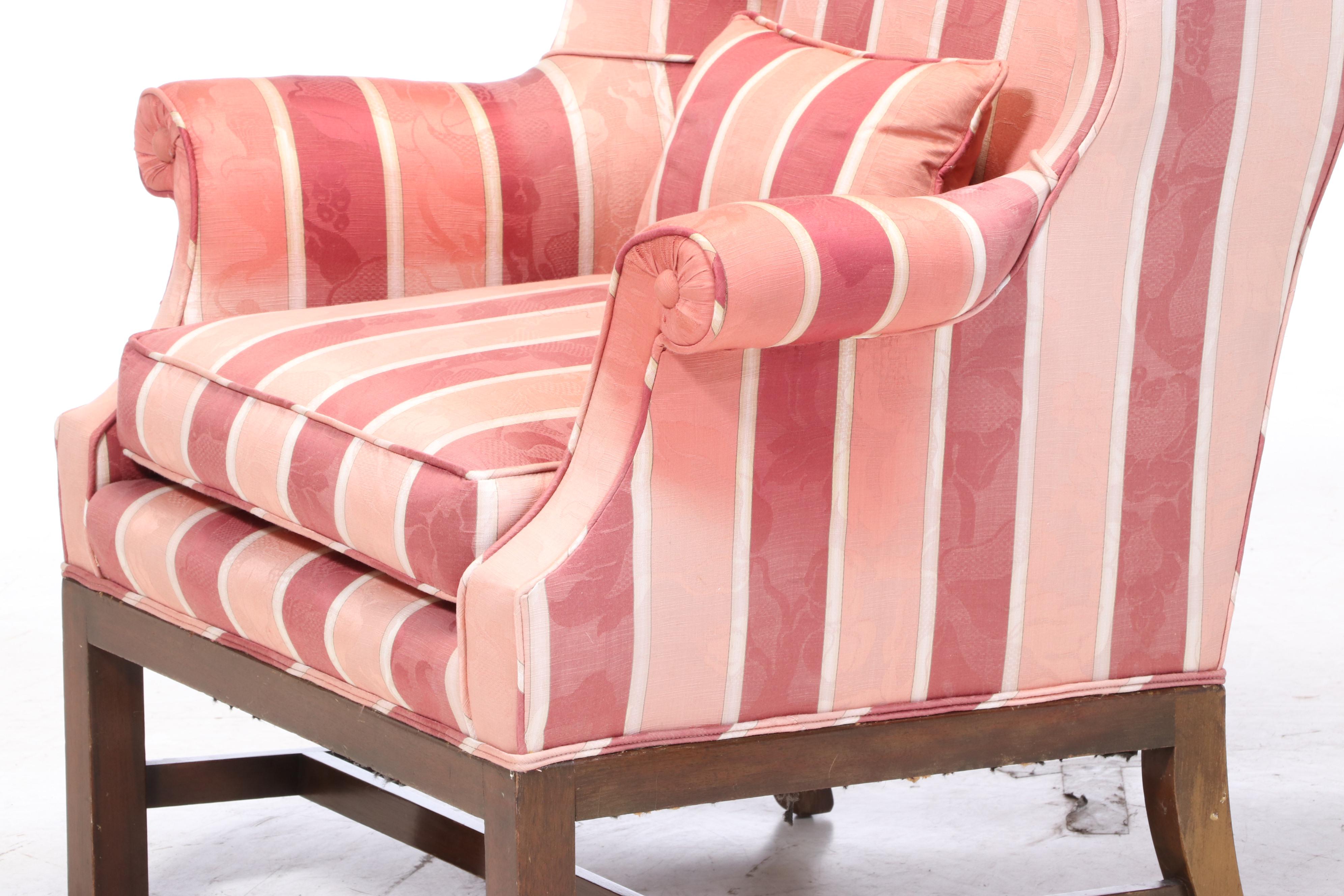 Chippendale Style Upholstered Mahogany Wingback Armchair Plus Walnut Footstool