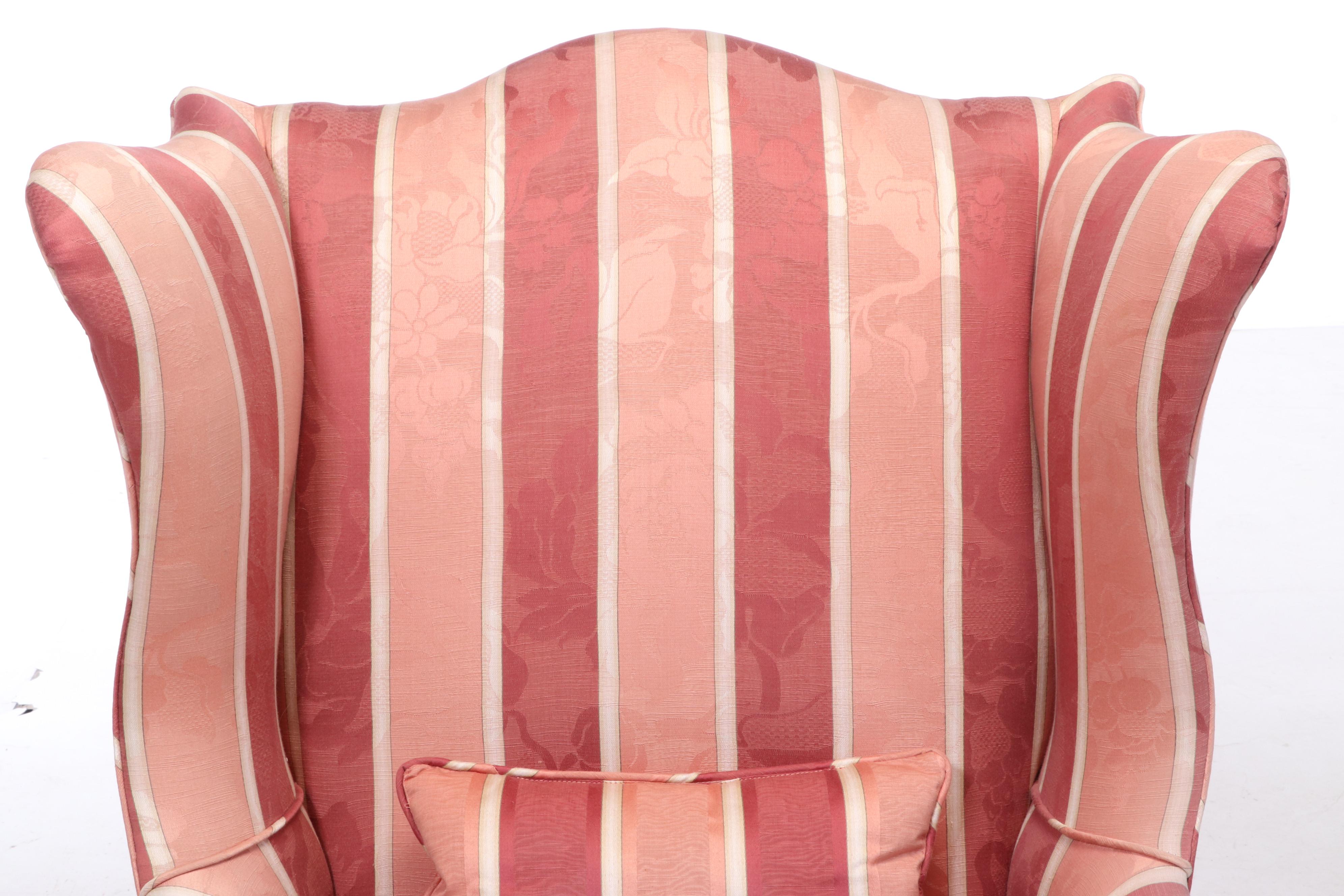 Chippendale Style Upholstered Mahogany Wingback Armchair Plus Walnut Footstool