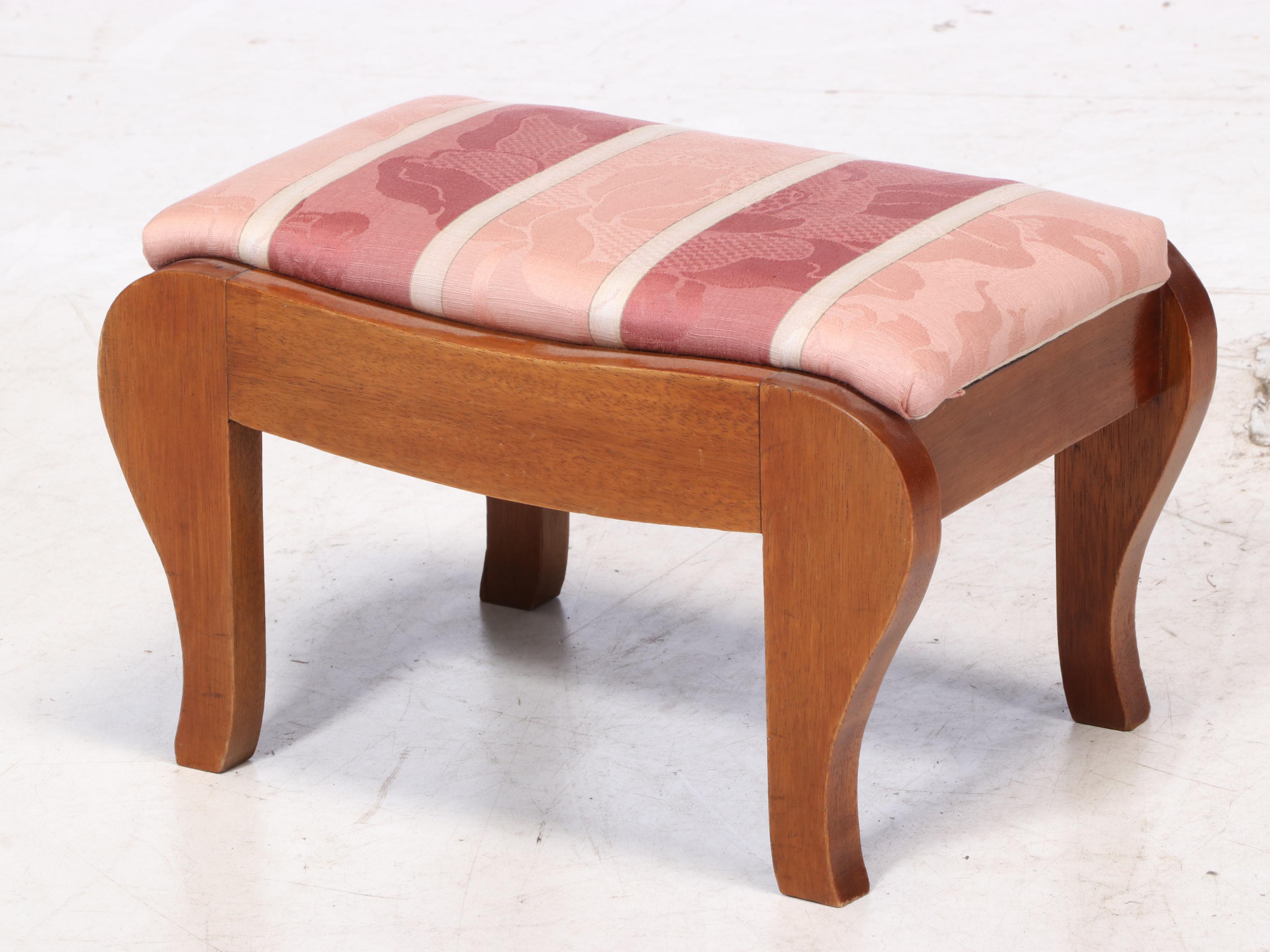 Chippendale Style Upholstered Mahogany Wingback Armchair Plus Walnut Footstool