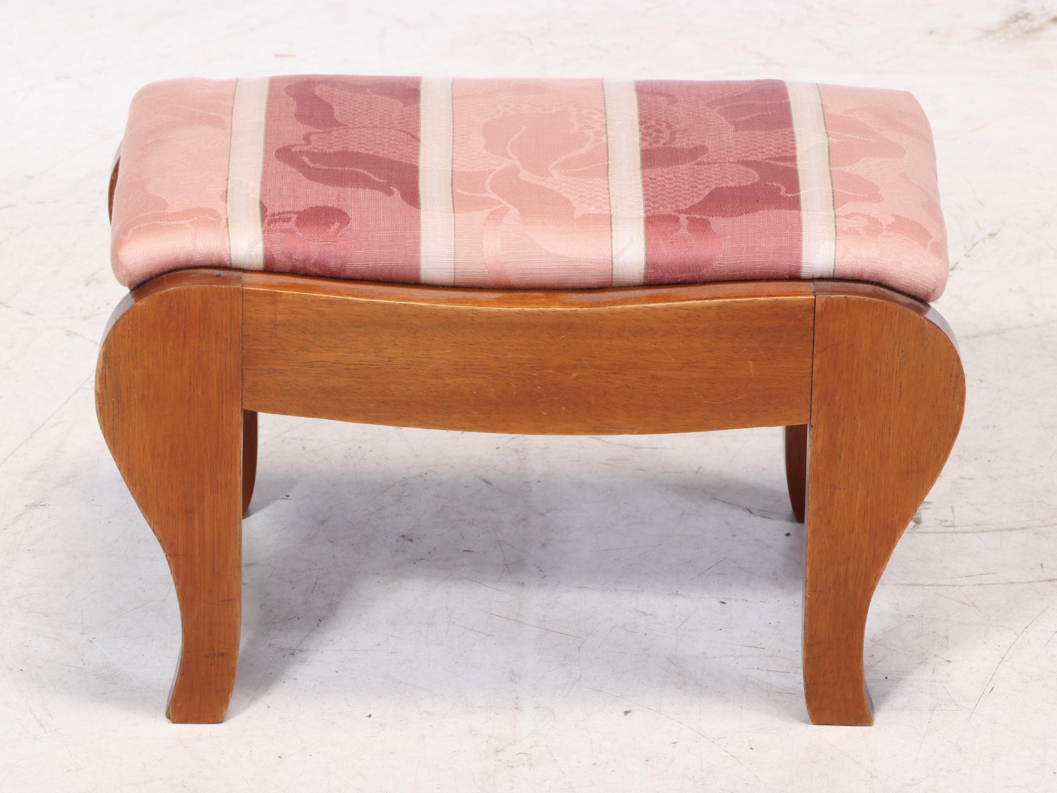 Chippendale Style Upholstered Mahogany Wingback Armchair Plus Walnut Footstool