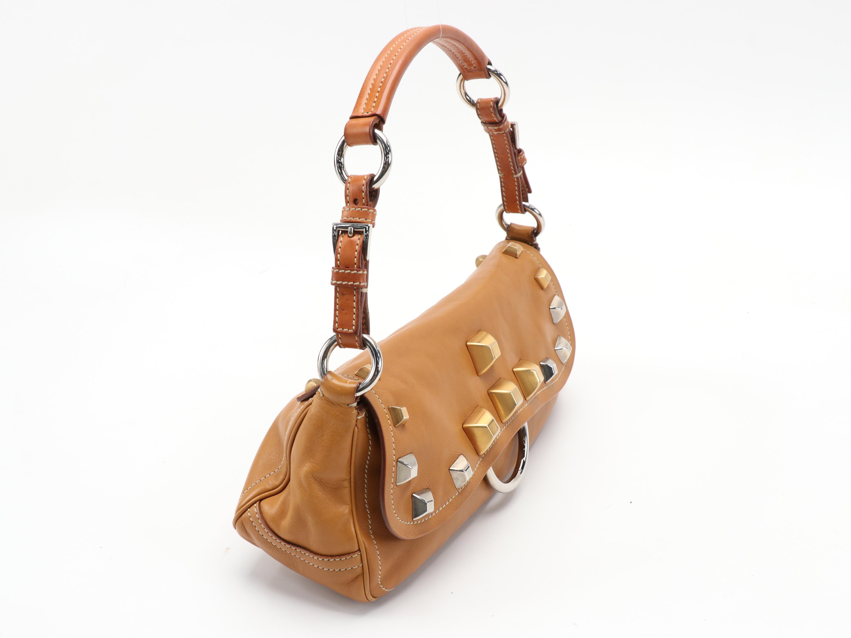 Prada Honey Leather Mixed Metal Studded Baguette