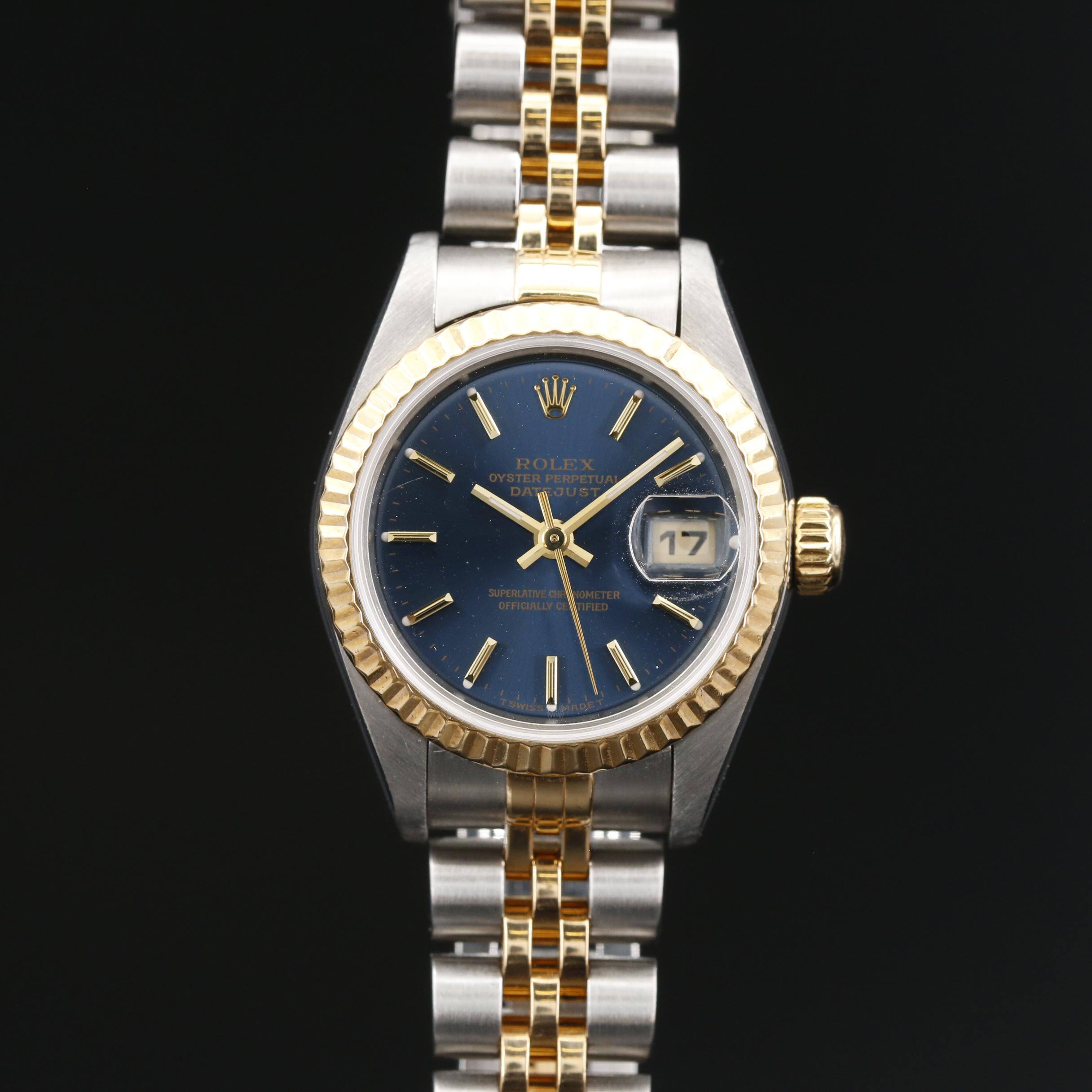 1995 Rolex Datejust 18K and Blue Stick Dial Automatic Watch
