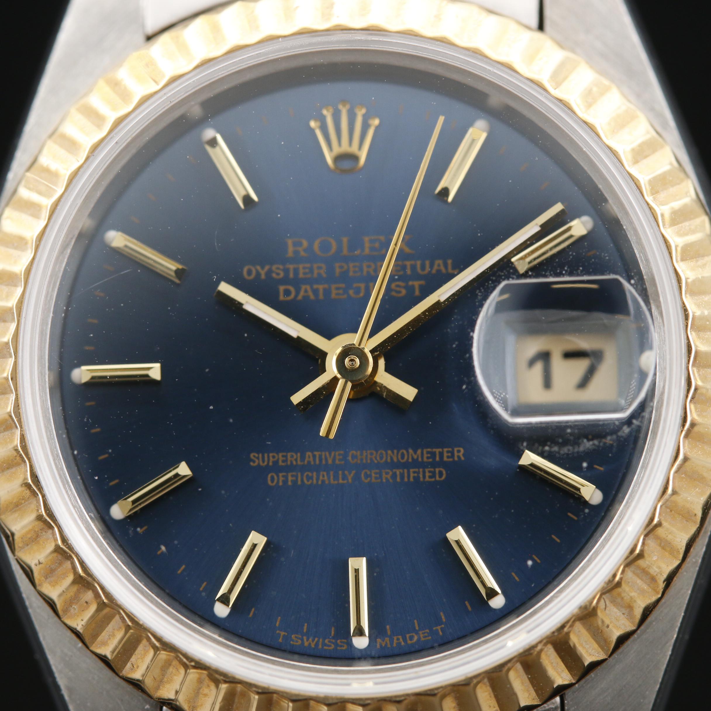 1995 Rolex Datejust 18K and Blue Stick Dial Automatic Watch