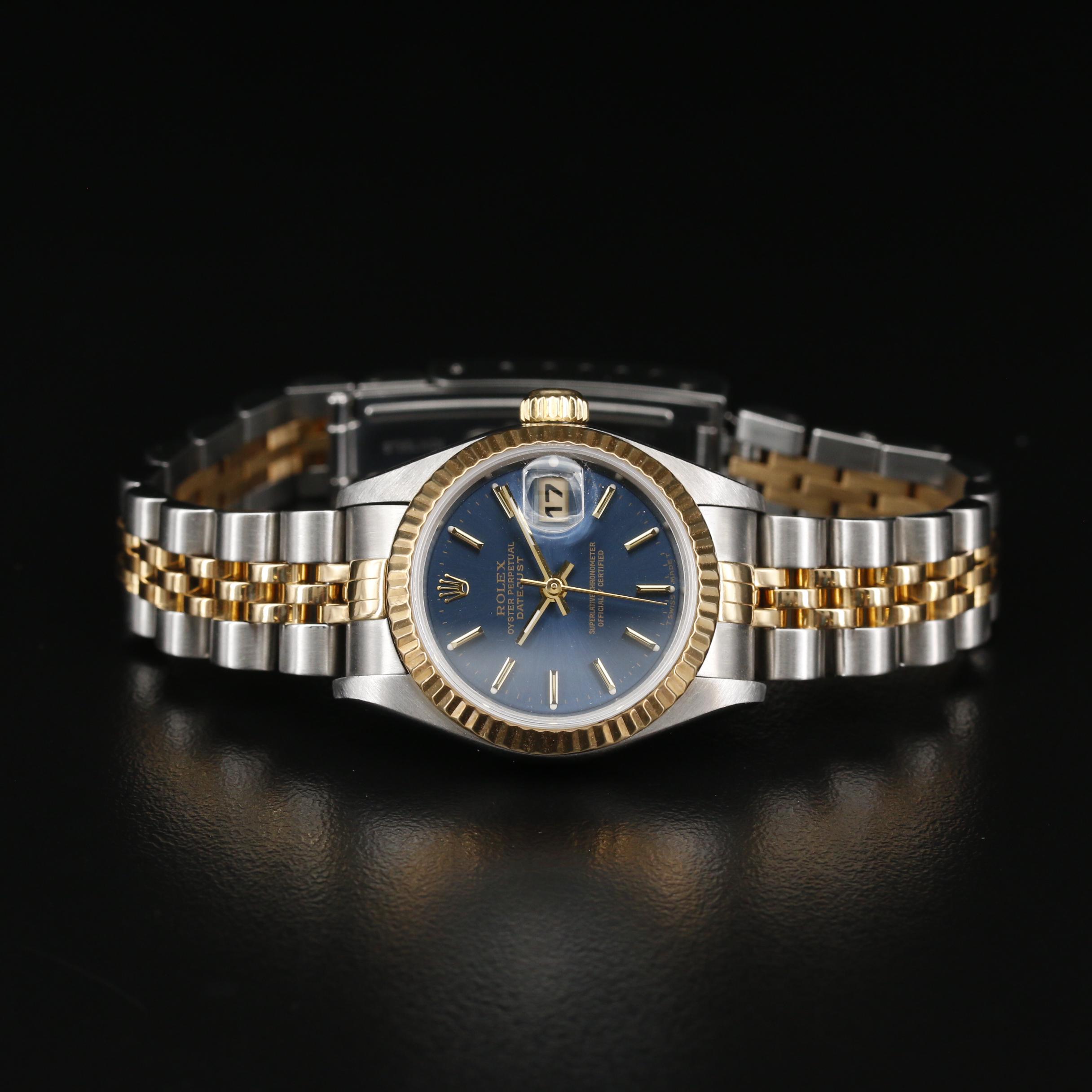 1995 Rolex Datejust 18K and Blue Stick Dial Automatic Watch