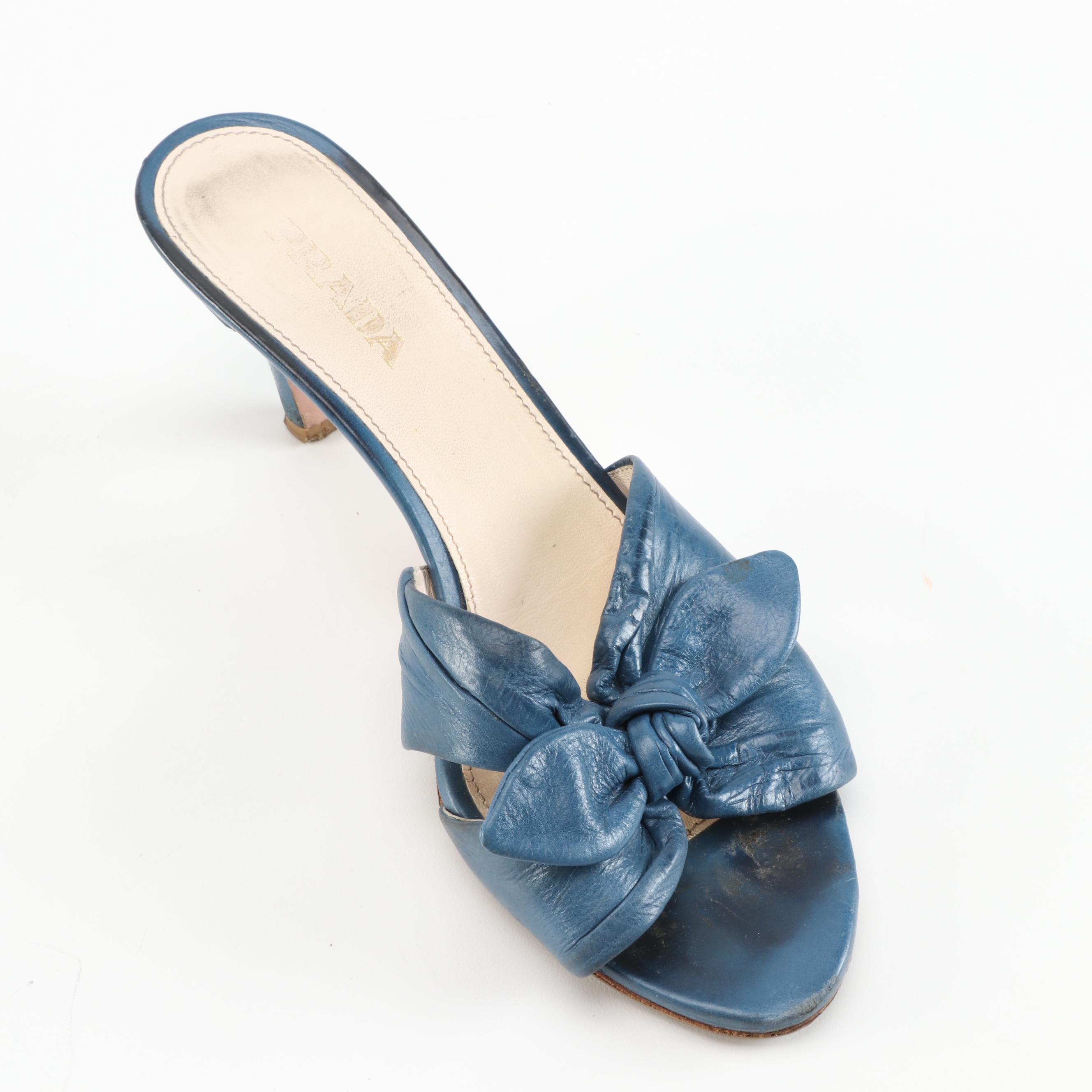 Prada Blue Leather High-Heeled Bow Mule Sandals