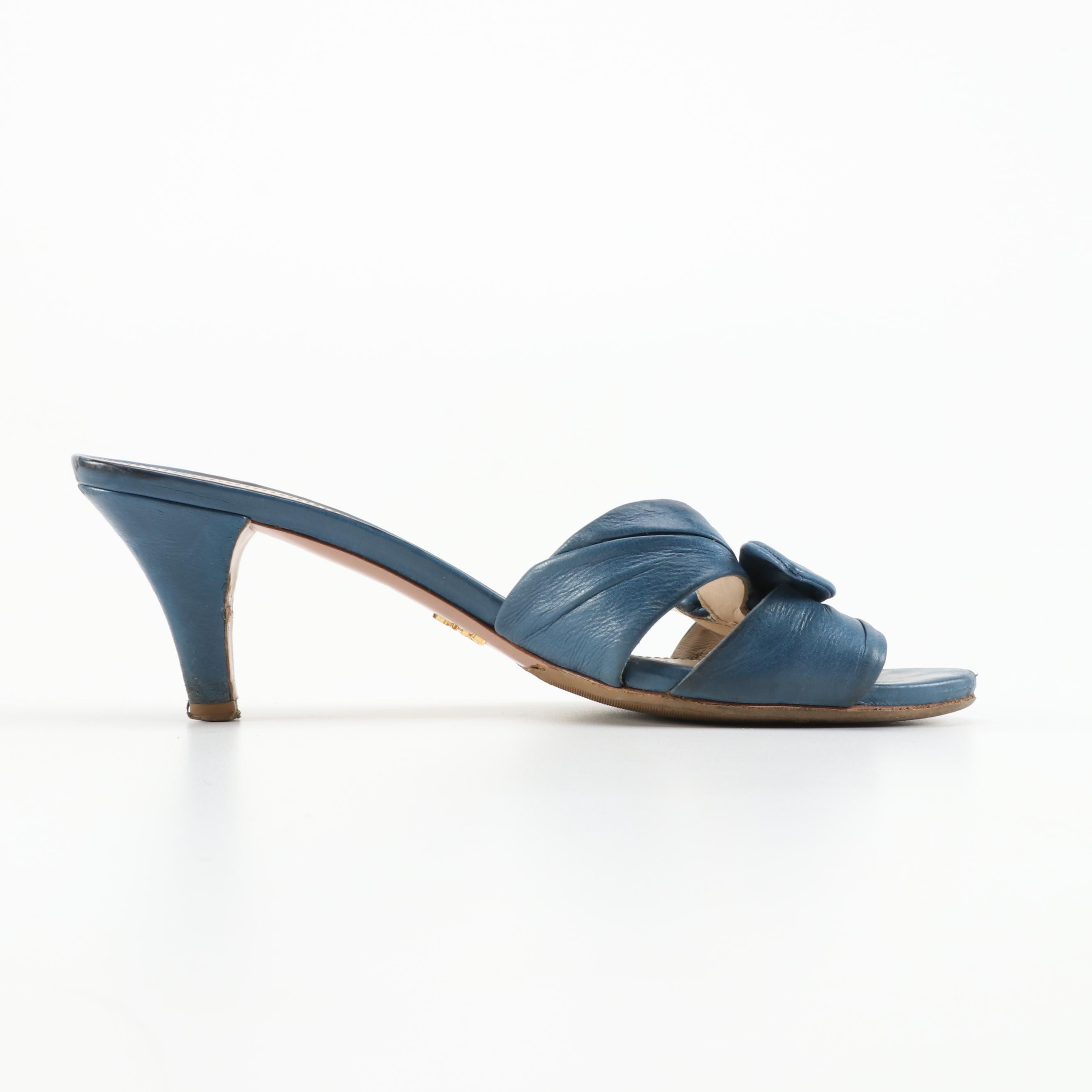 Prada Blue Leather High-Heeled Bow Mule Sandals