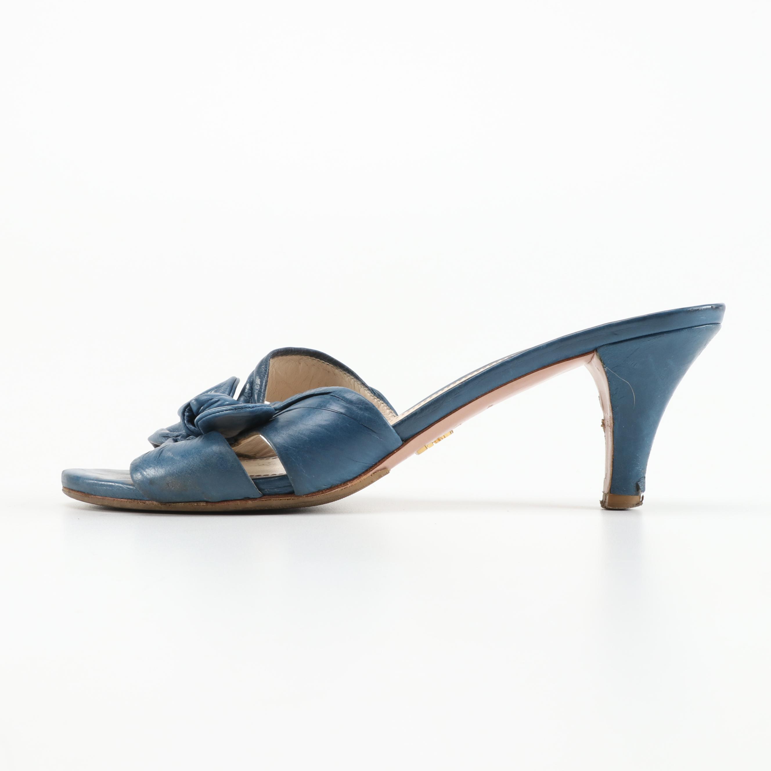 Prada Blue Leather High-Heeled Bow Mule Sandals