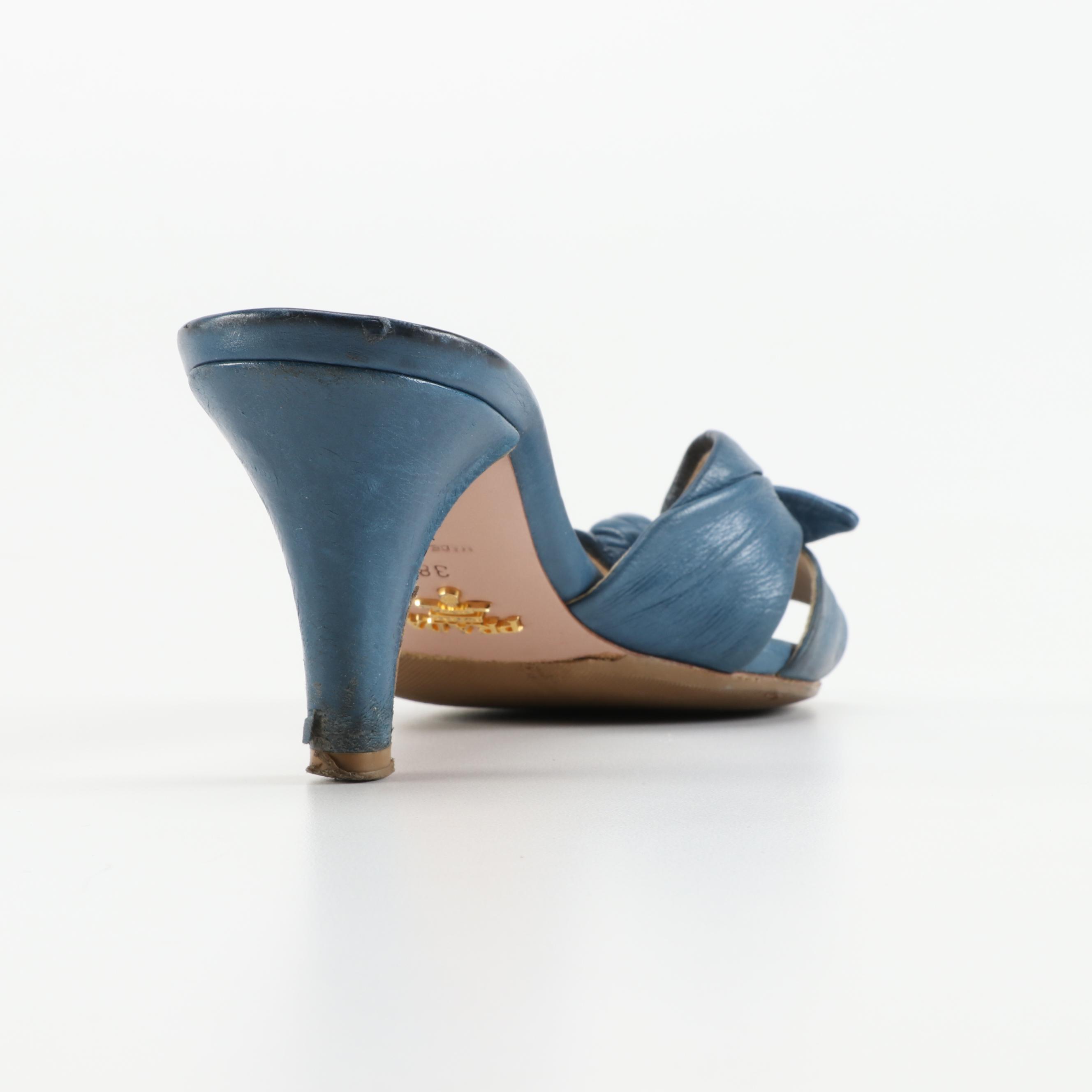 Prada Blue Leather High-Heeled Bow Mule Sandals