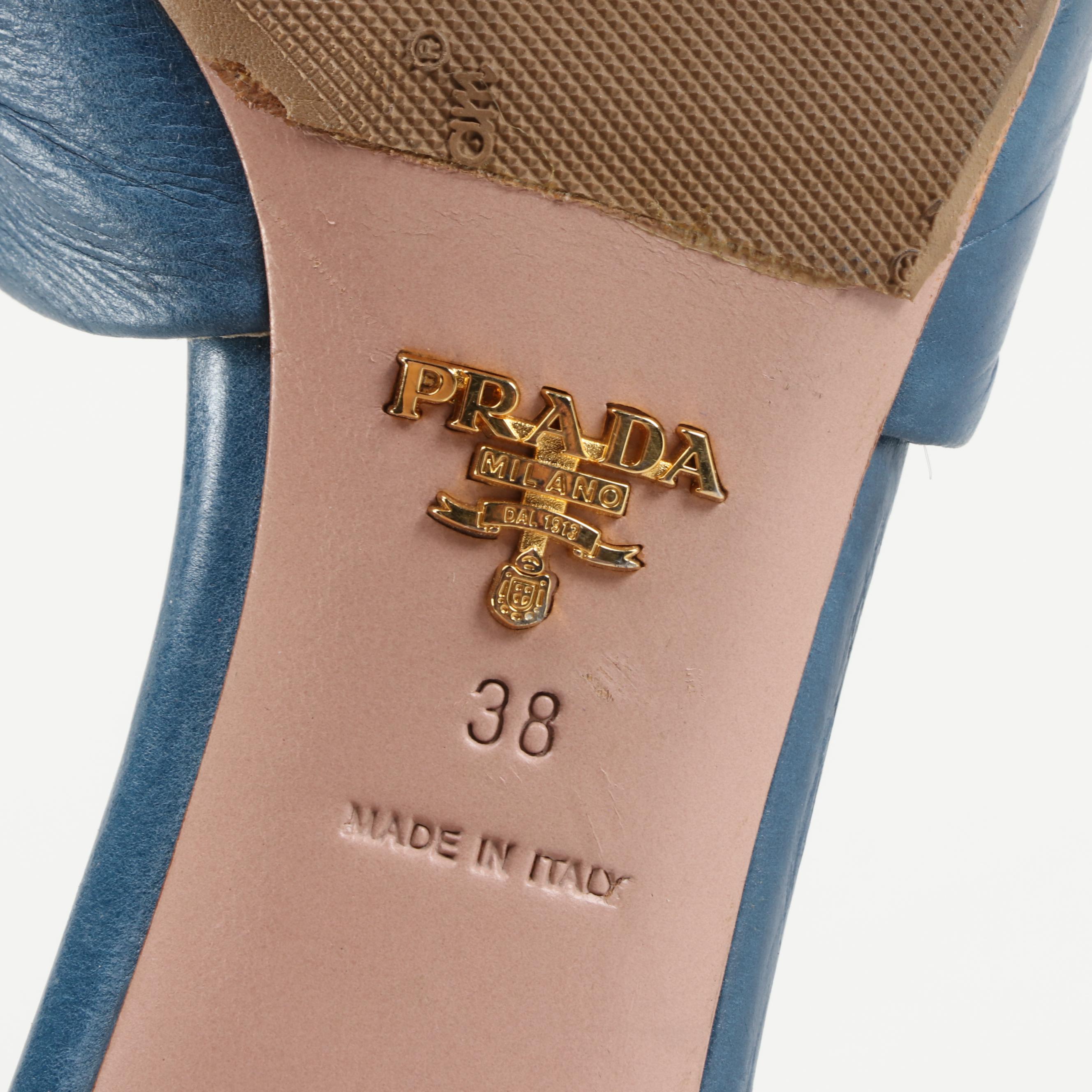 Prada Blue Leather High-Heeled Bow Mule Sandals