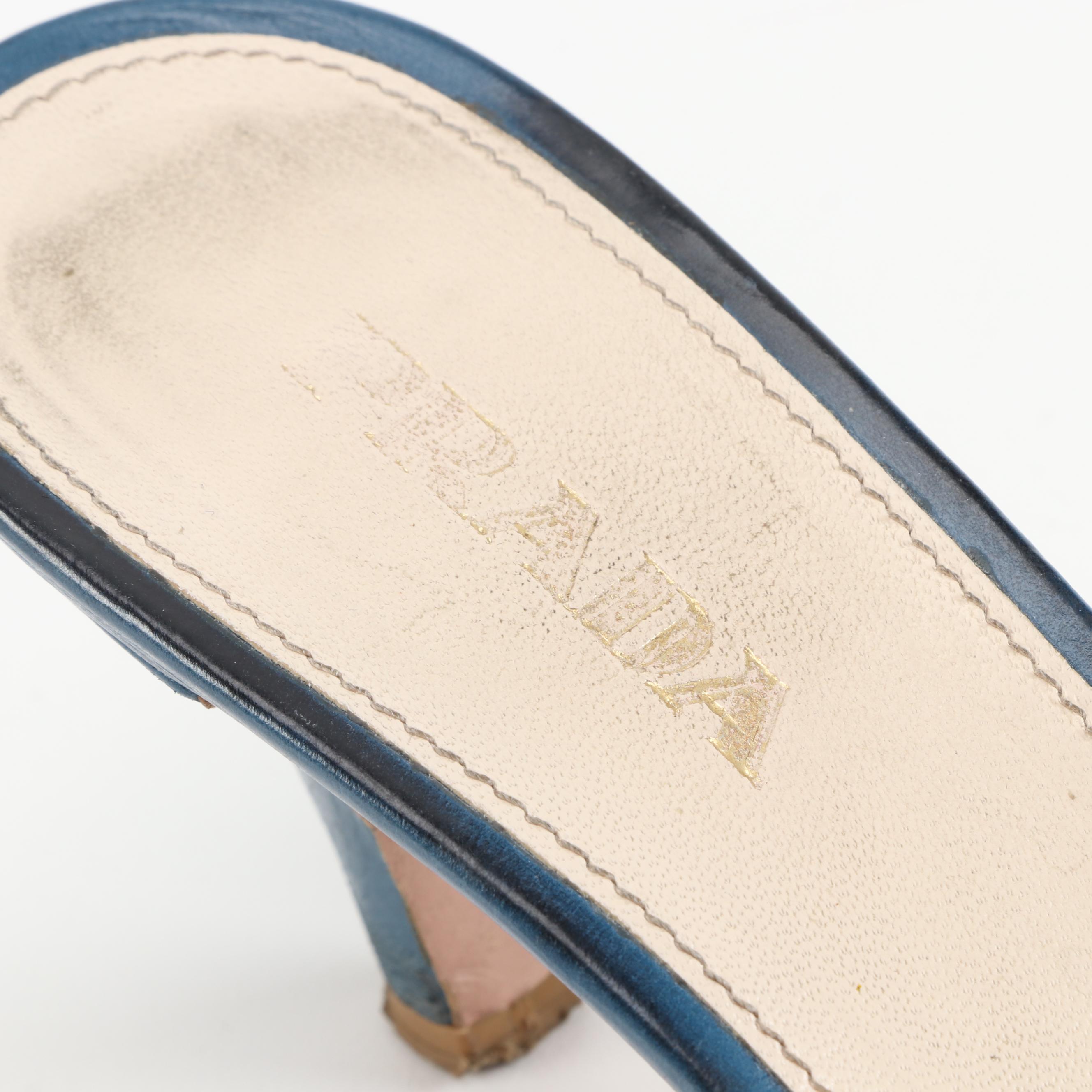 Prada Blue Leather High-Heeled Bow Mule Sandals