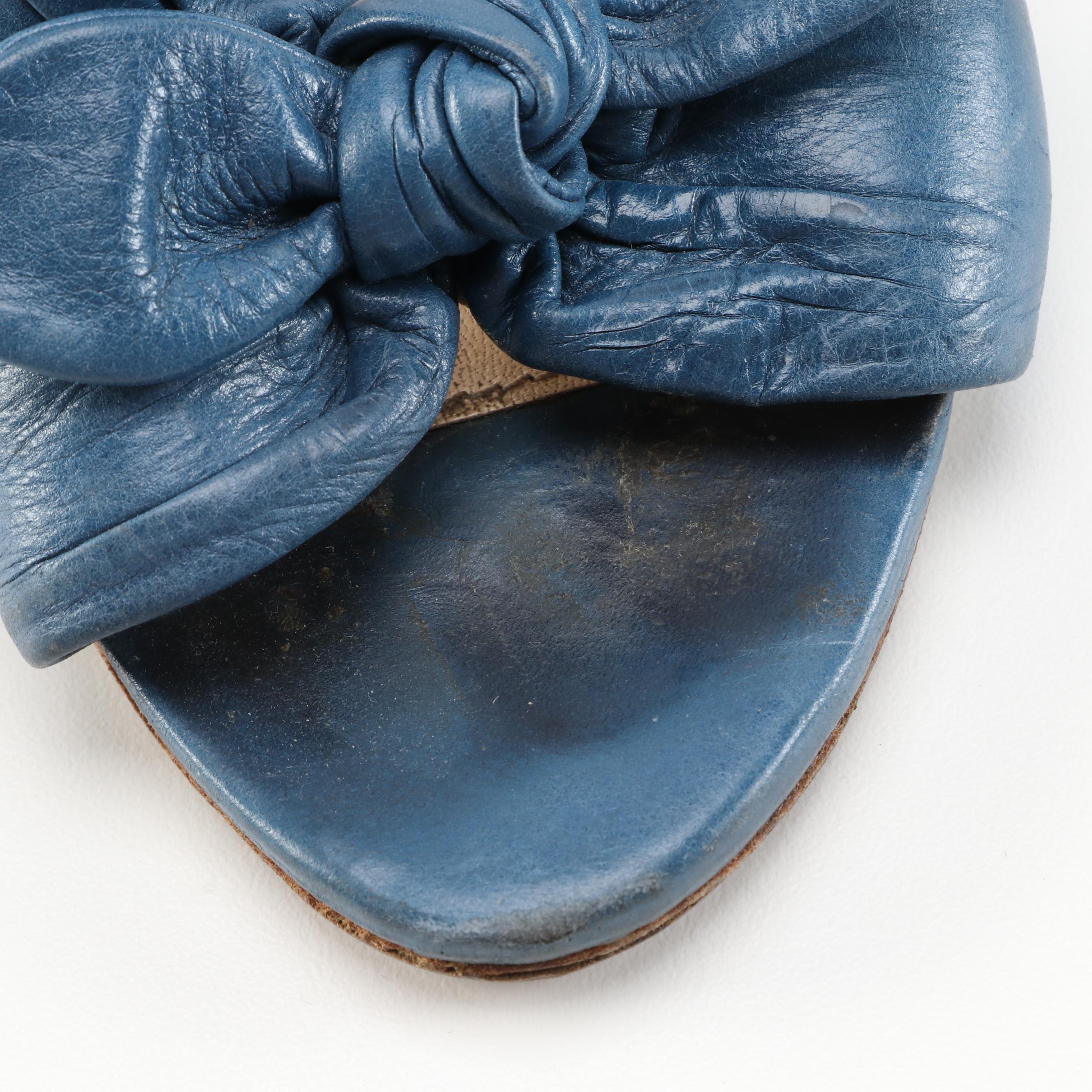 Prada Blue Leather High-Heeled Bow Mule Sandals