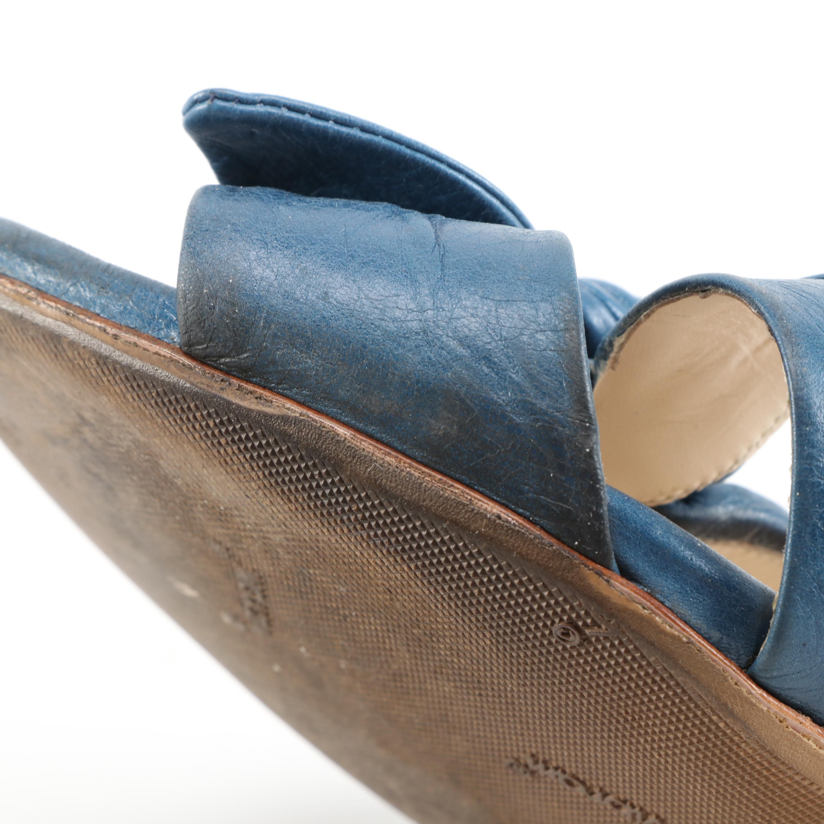 Prada Blue Leather High-Heeled Bow Mule Sandals